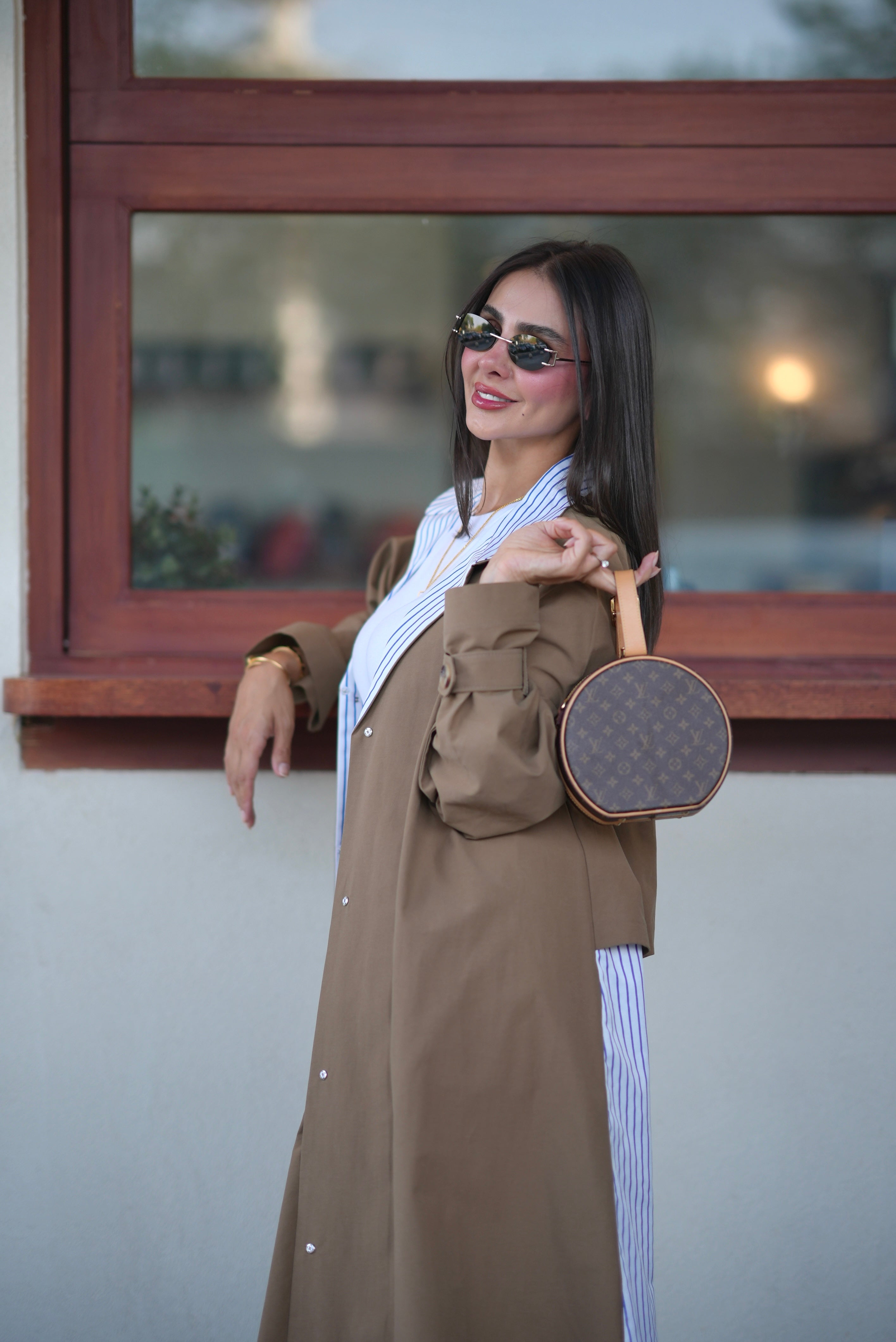 Beige Trench Coat with Striped Trim-free size