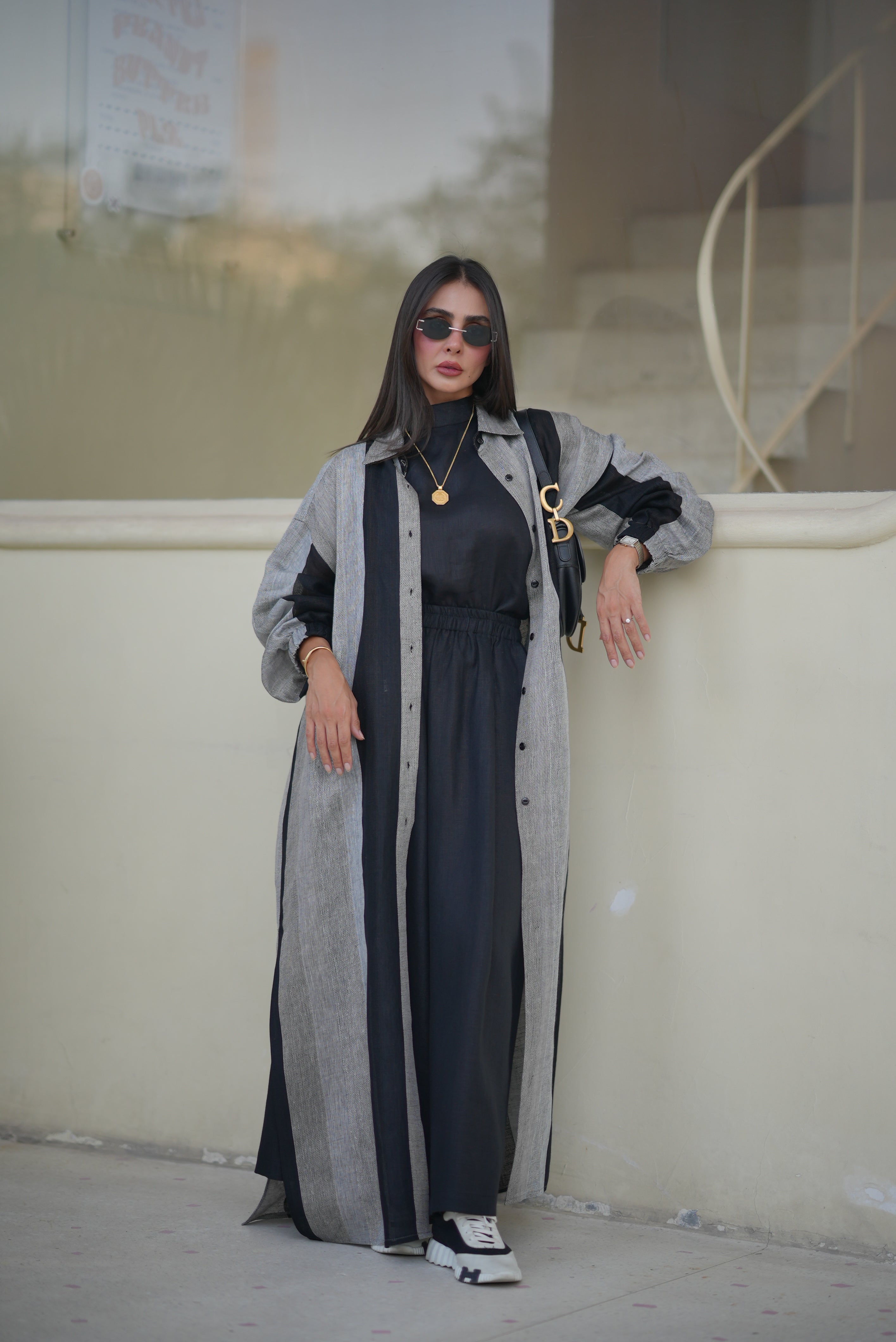 Black & Grey Linen Abaya – Free Size 1976 with inner set (full set)