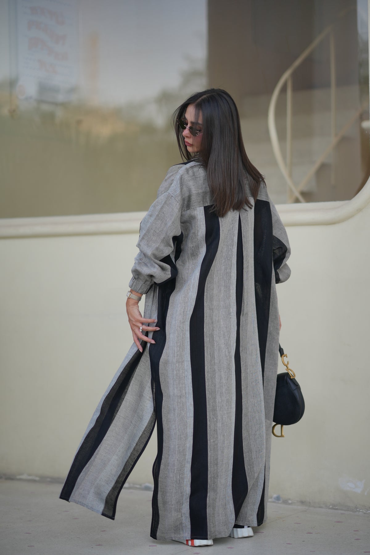 Black & Grey Linen Abaya – Free Size 1976 with inner set (full set)