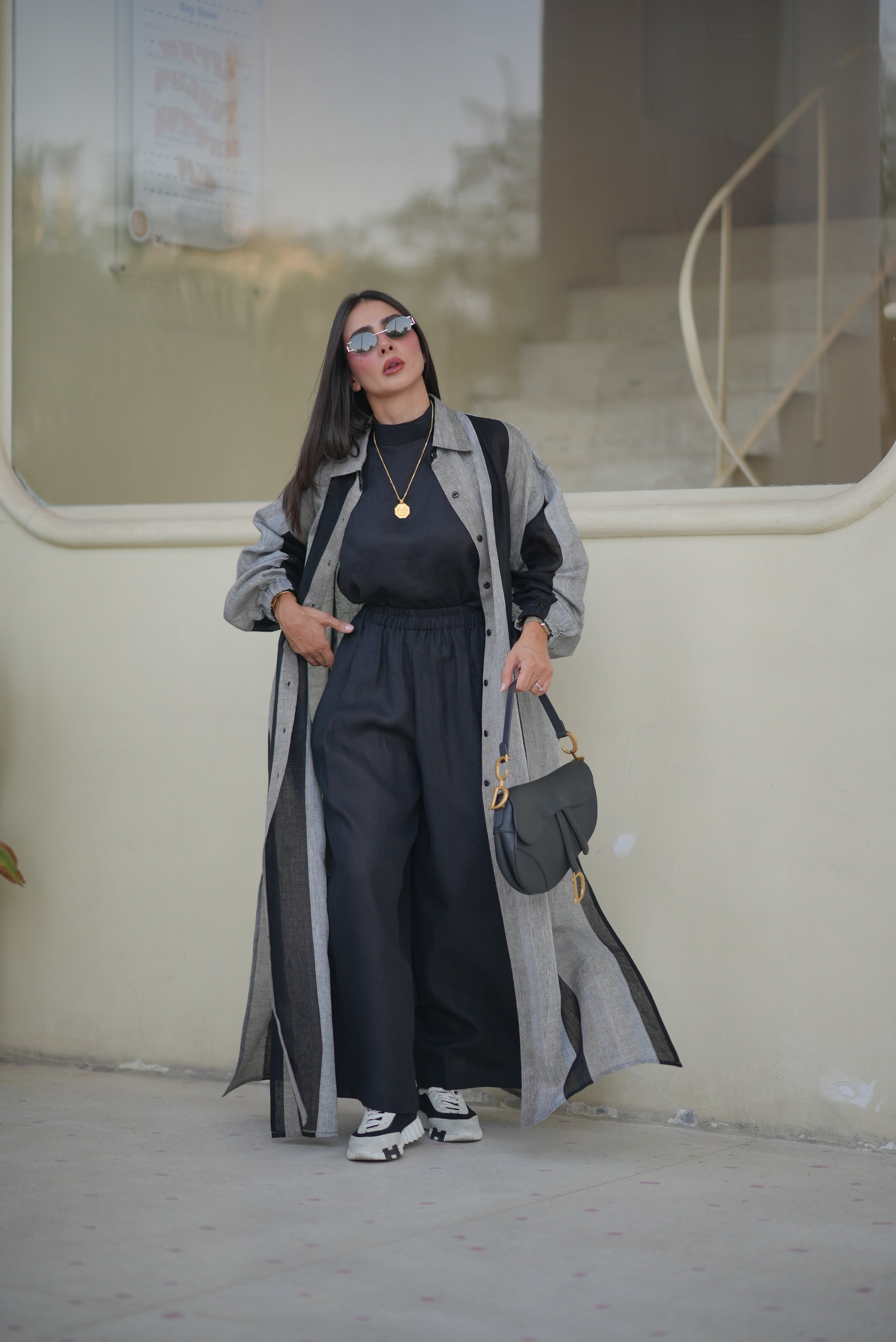 Black & Grey Linen Abaya – Free Size 1976