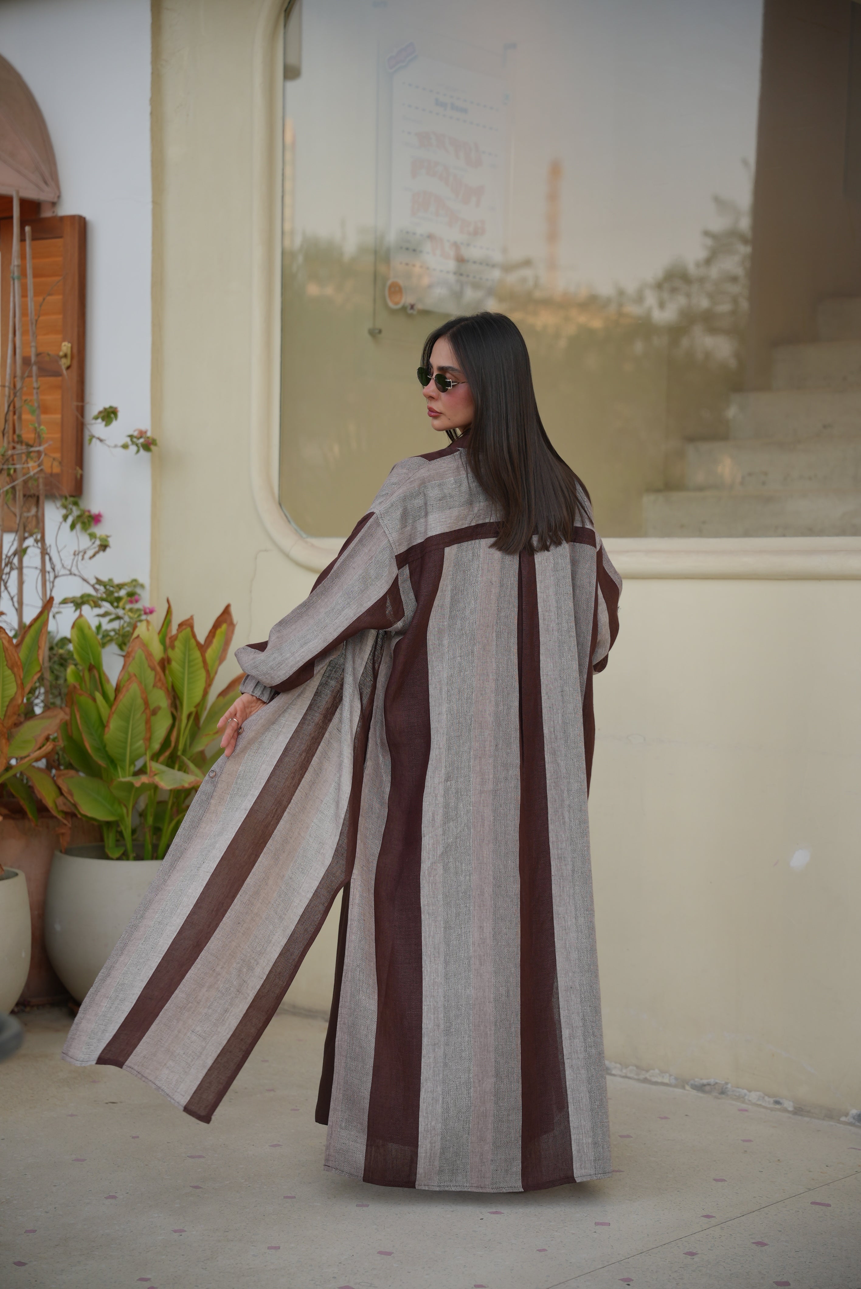 Brown & Beige Striped Linen Abaya – Free Size