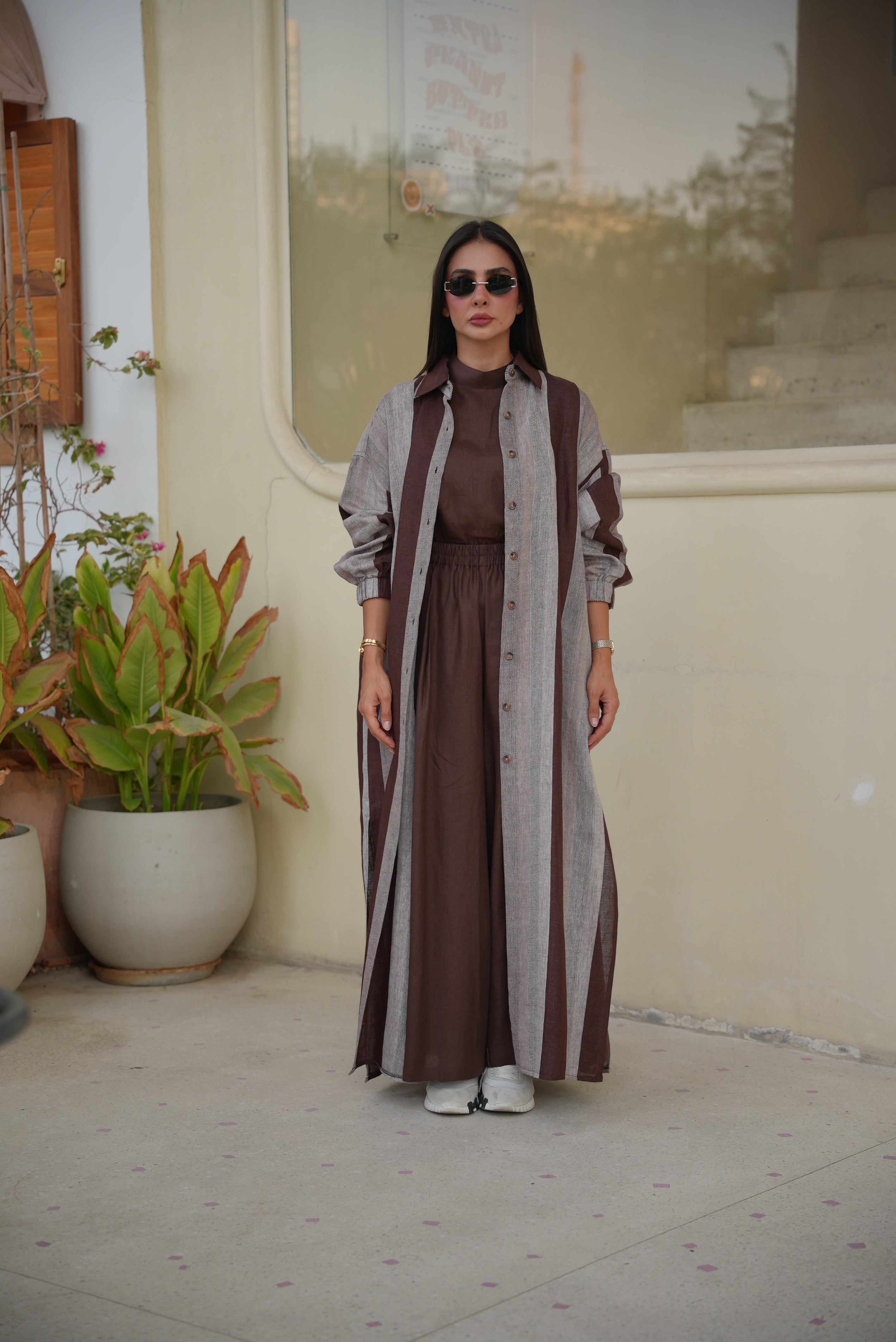 Brown & Beige Striped Linen Abaya – Free Size