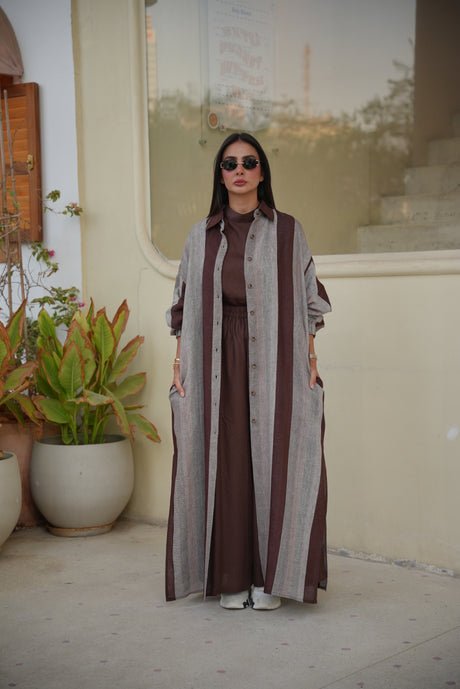 Brown & Beige Striped Linen Abaya – Free Size