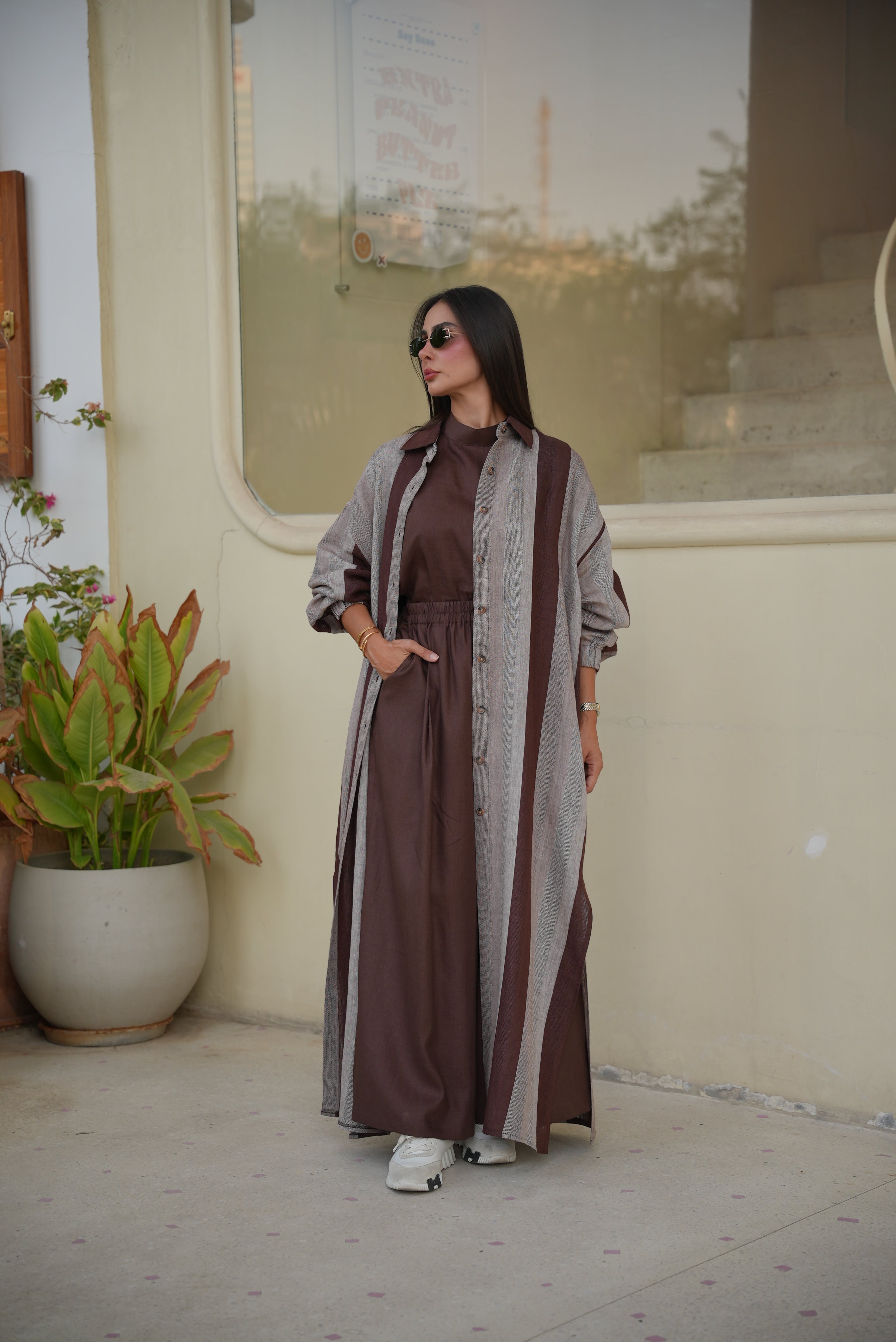 Brown & Beige Striped Linen Abaya – Free Size