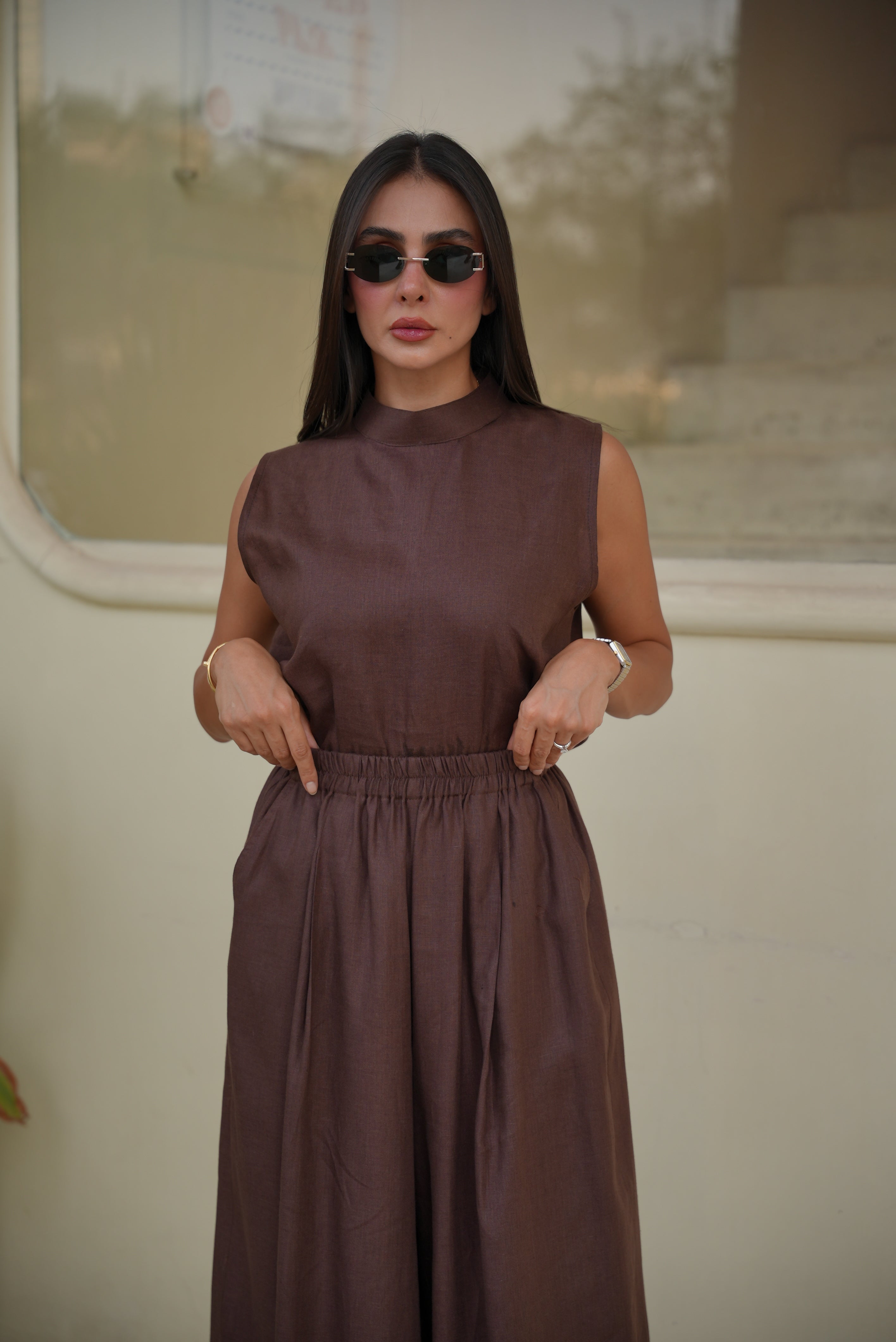 Brown Linen Blouse & Pants Set