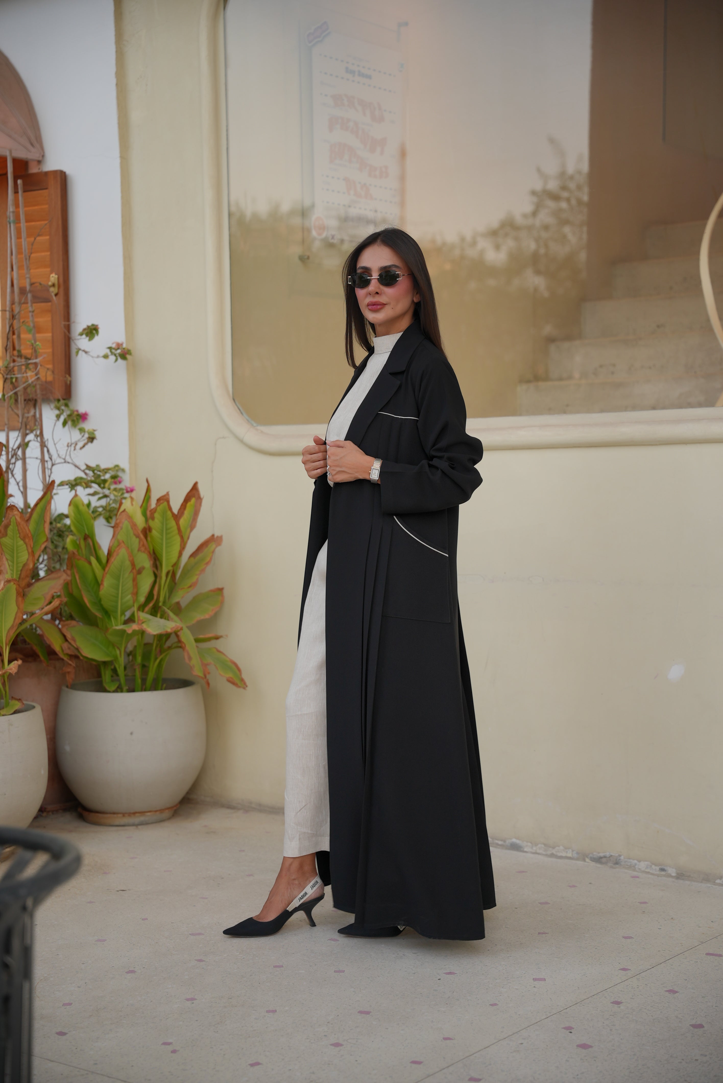 Black Crepe Abaya with Beige Trim