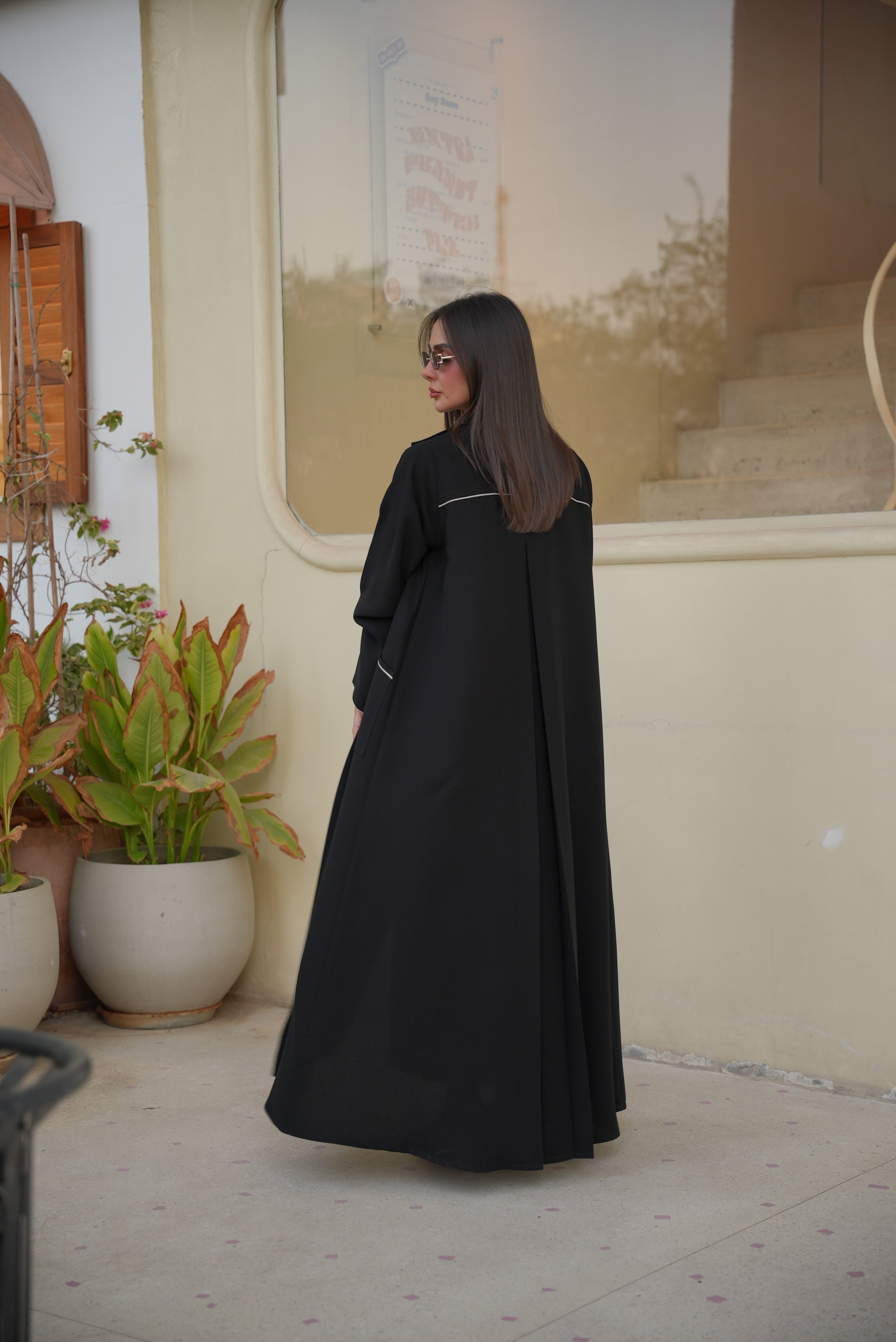 Black Crepe Abaya with Beige Trim