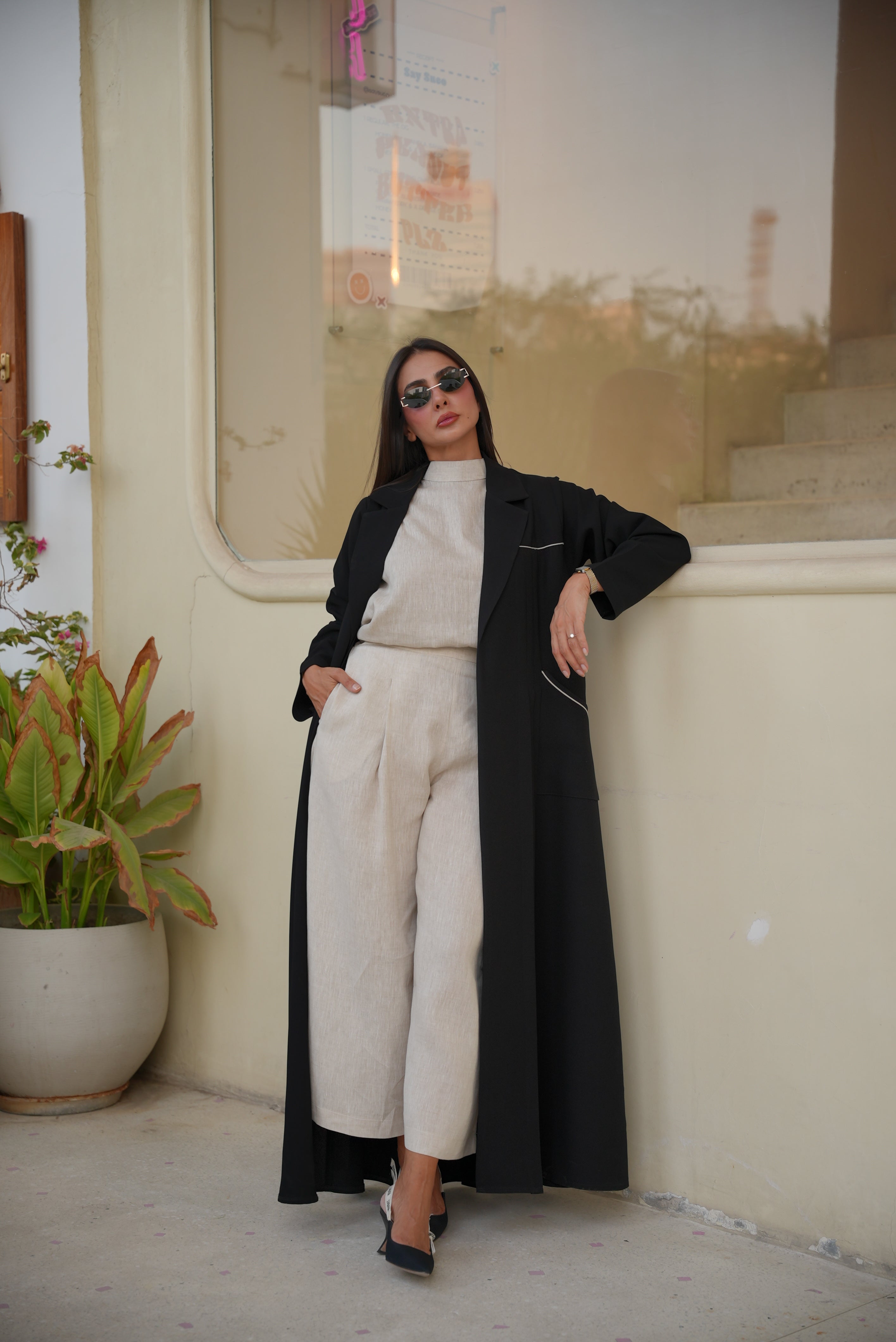 Black Crepe Abaya with Beige Trim