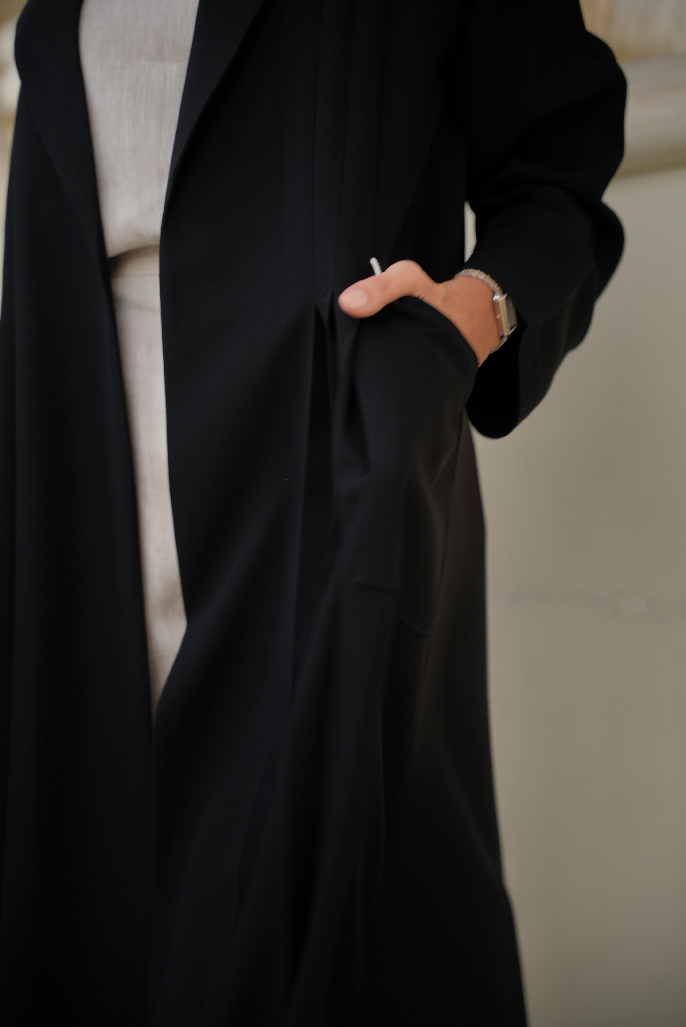 Black Crepe Abaya with Beige Trim