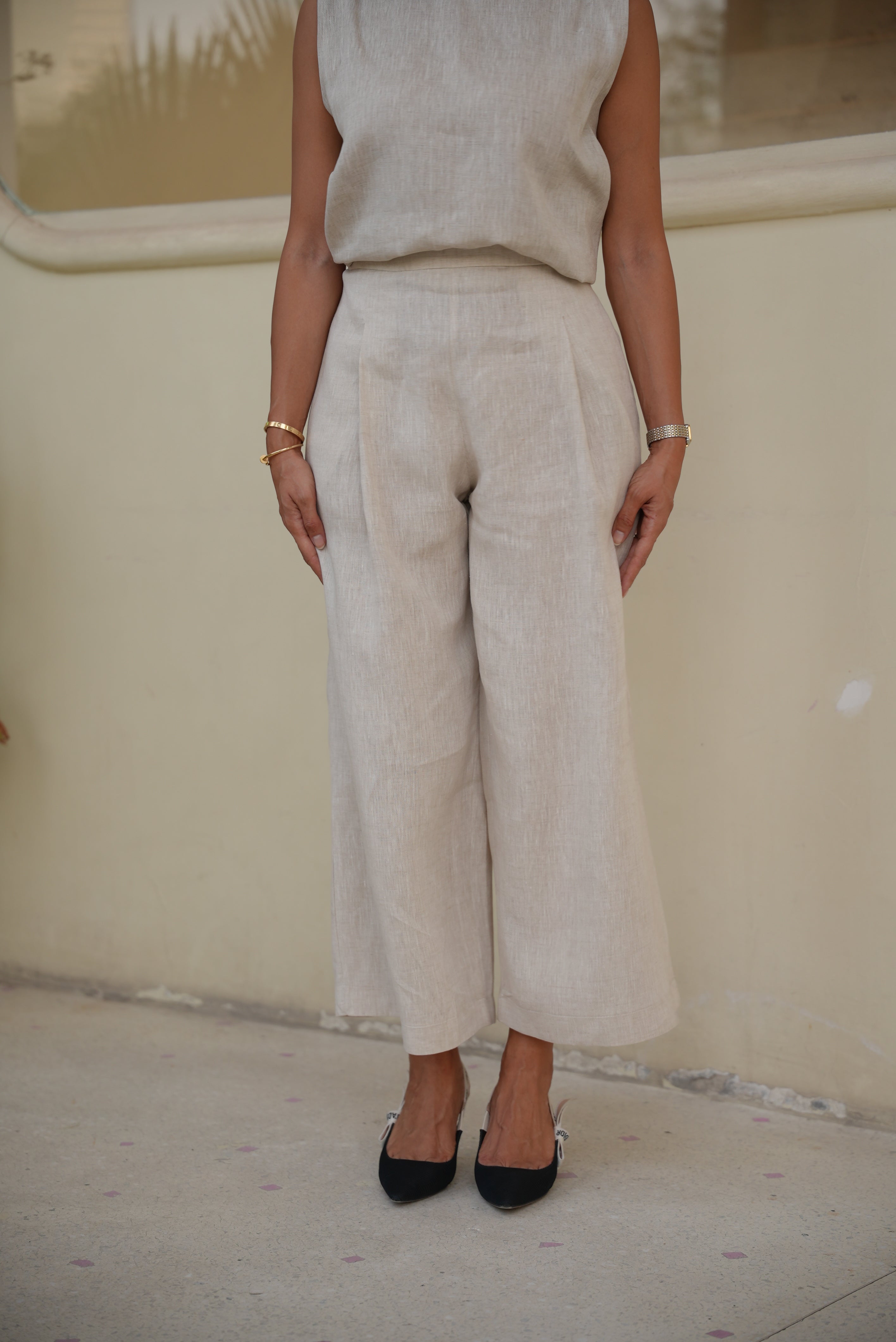 beige Linen Blouse & Pants Set