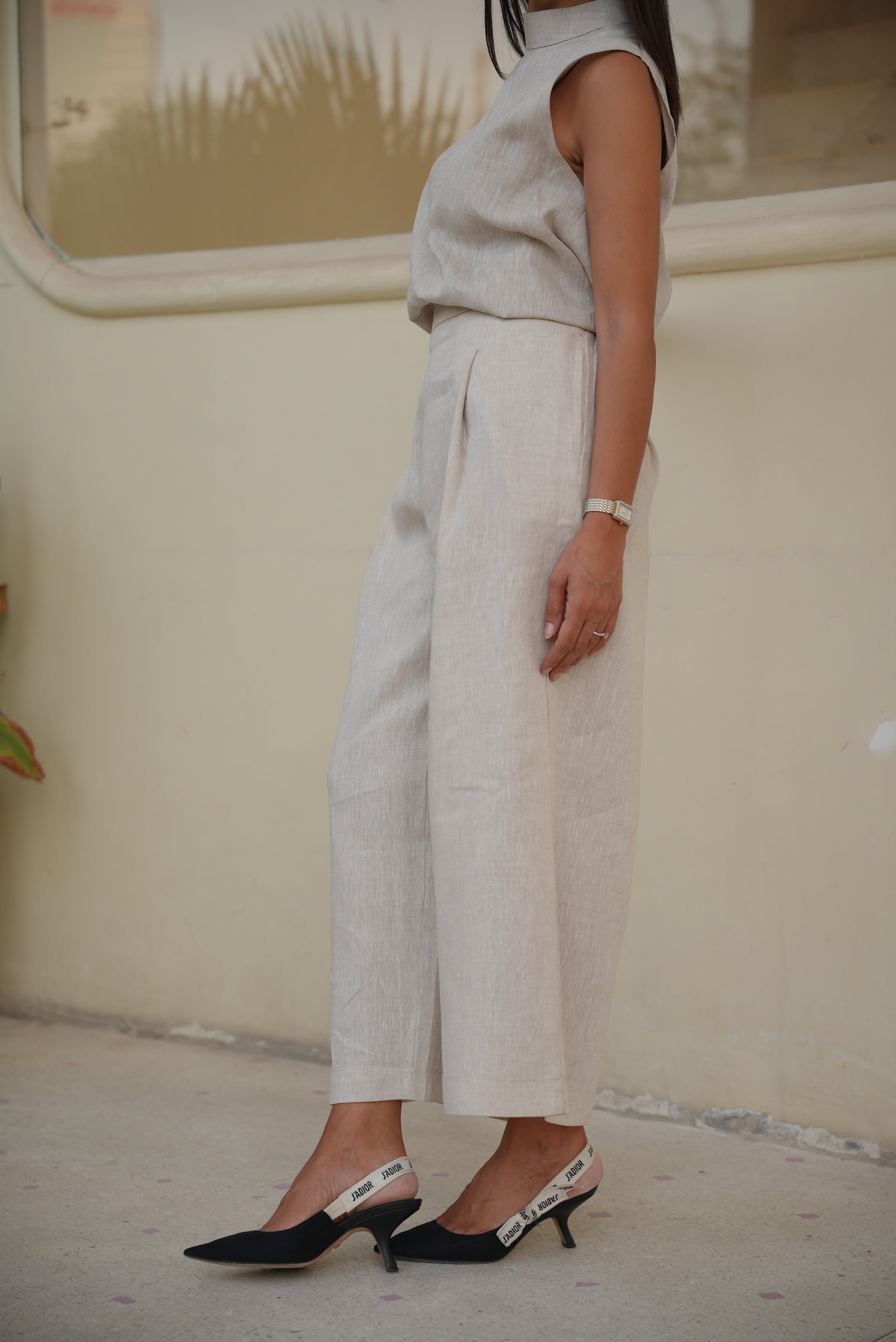 beige Linen Blouse & Pants Set