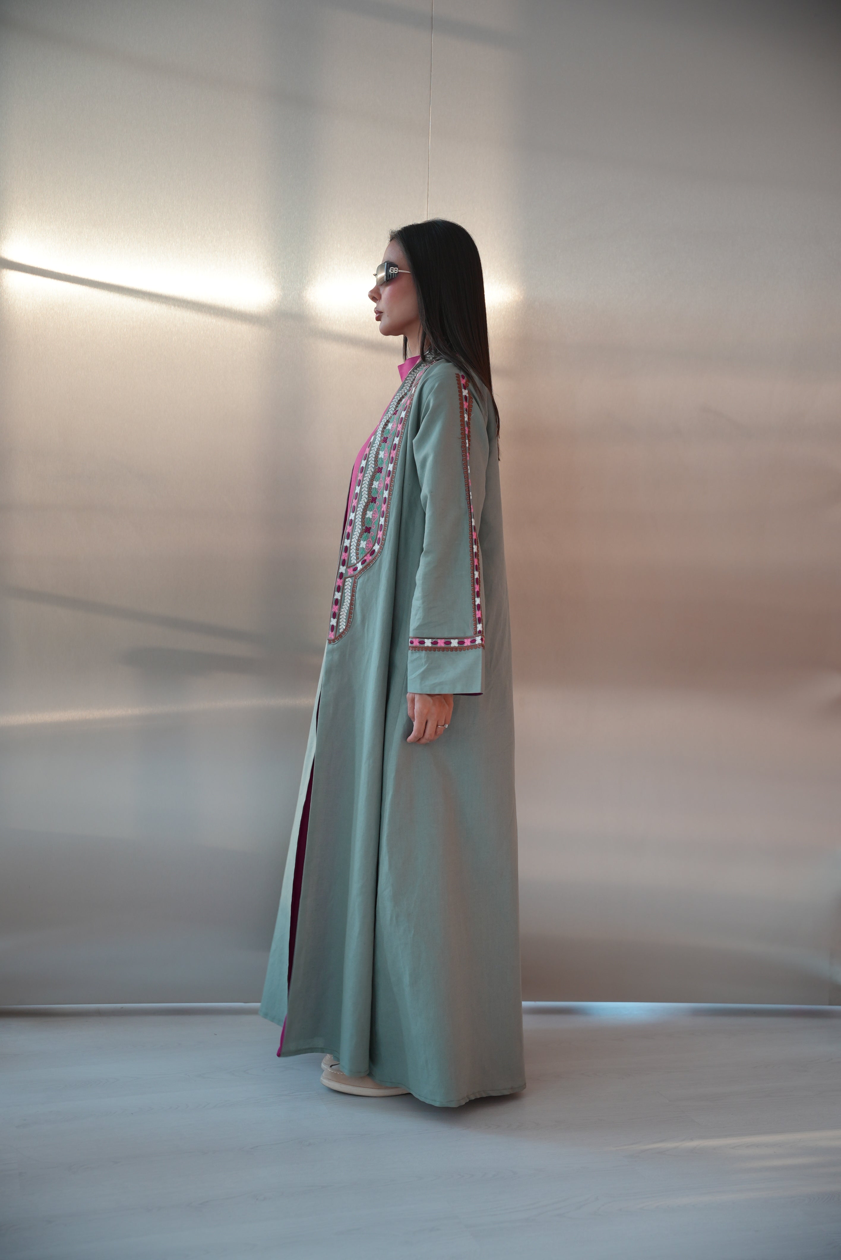 Green Linen Abaya with Pink Embroidery -1983