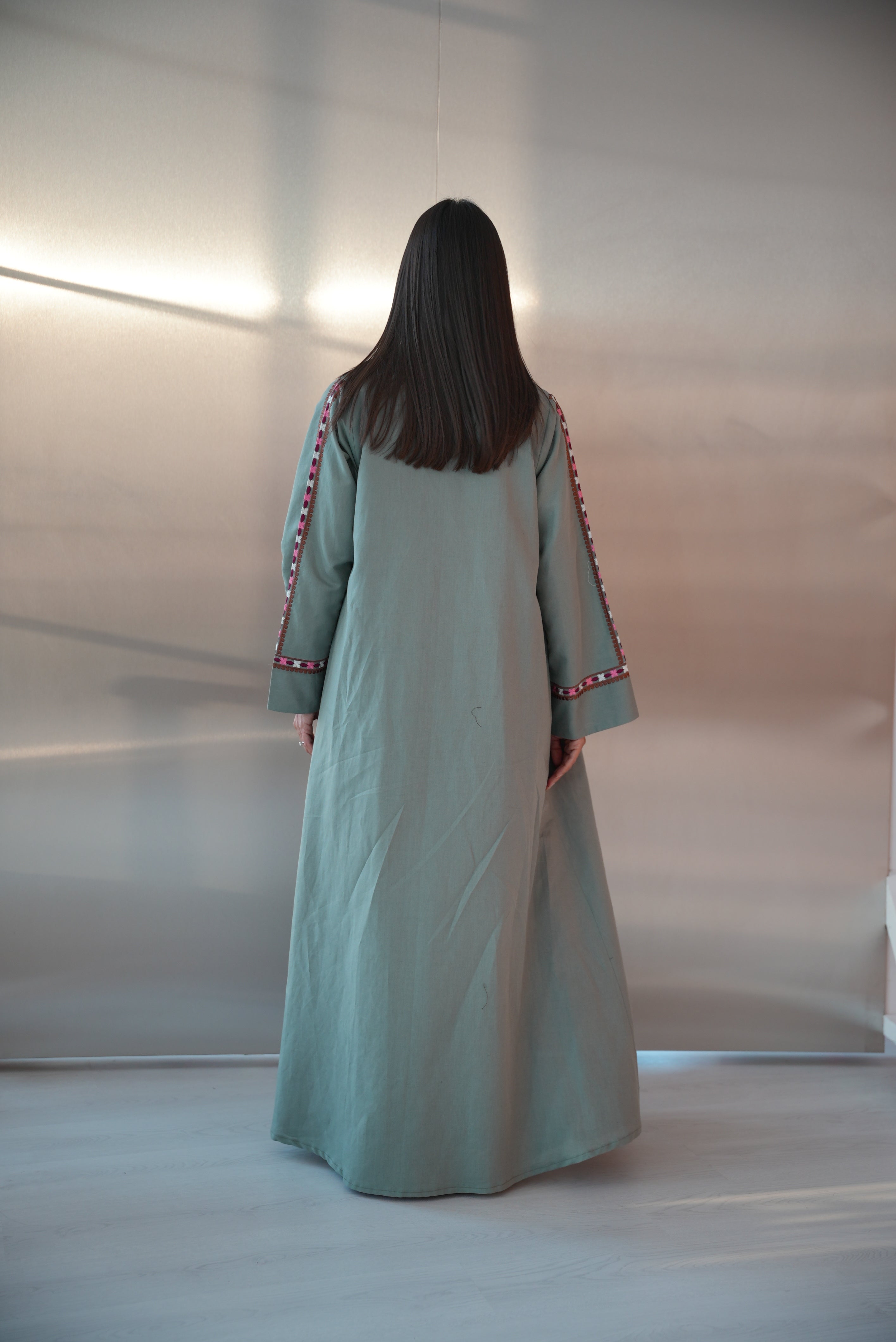 Green Linen Abaya with Pink Embroidery -1983