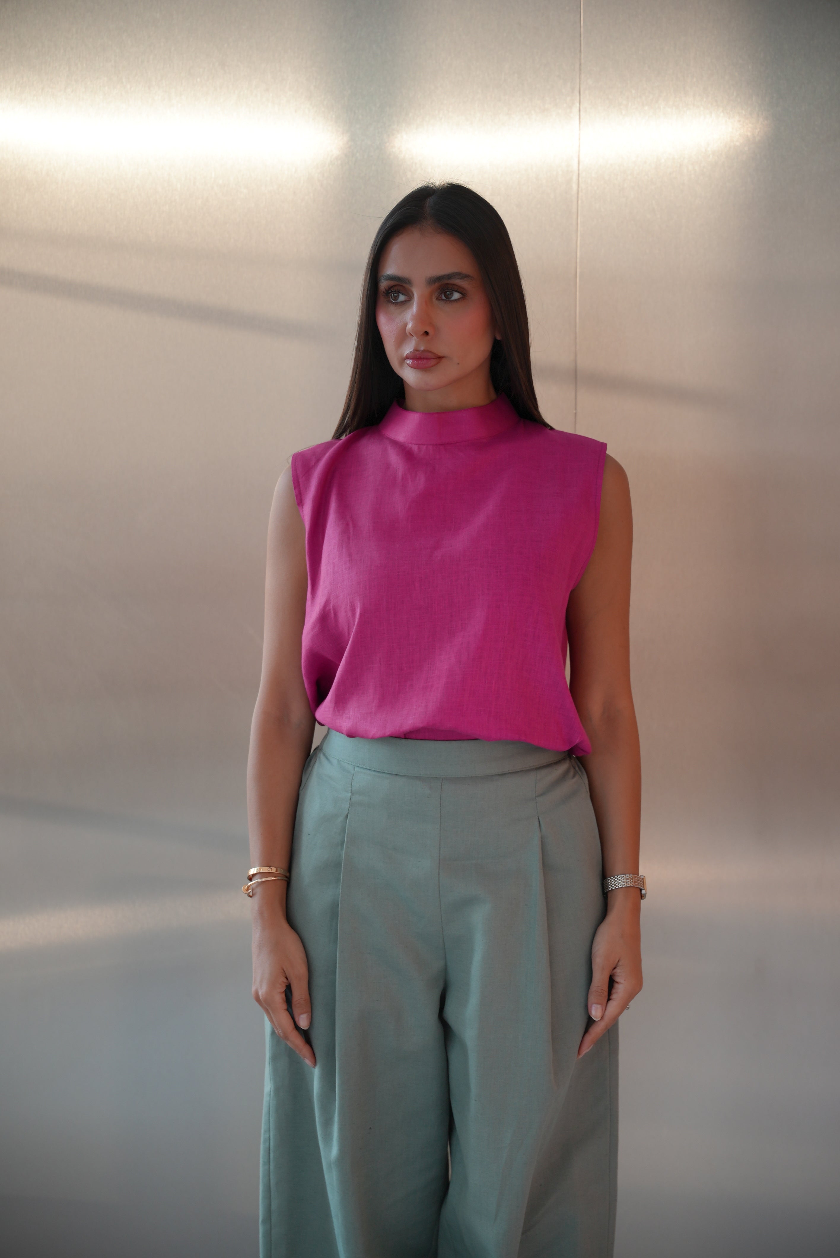 Pink Blouse & Green Linen Pants Set