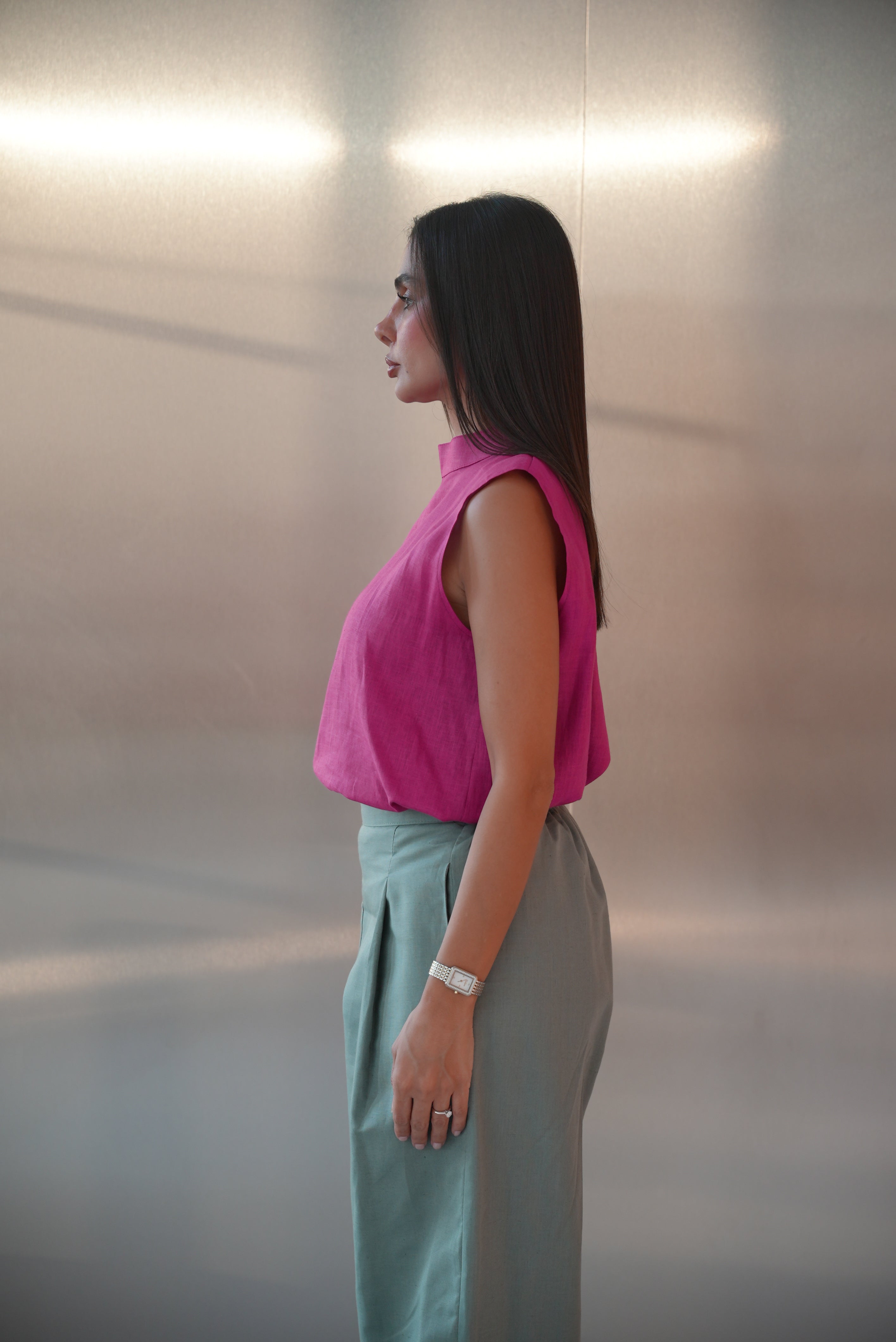 Pink Blouse & Green Linen Pants Set