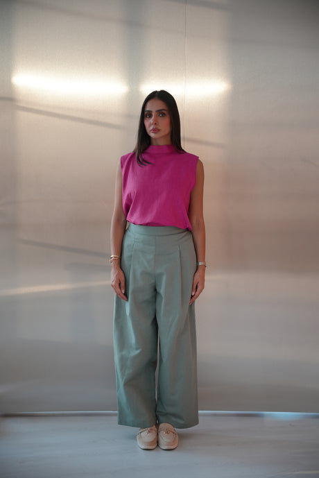 Pink Blouse & Green Linen Pants Set