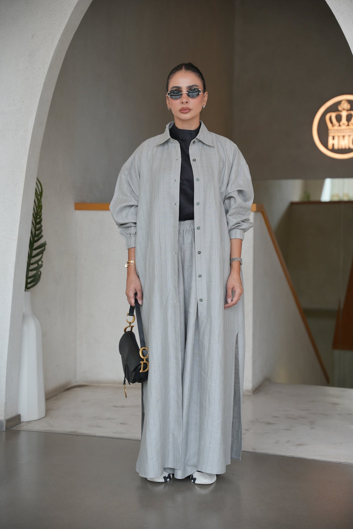 GREY STRIPED LINEN ABAYA( FULL SET)-2002
