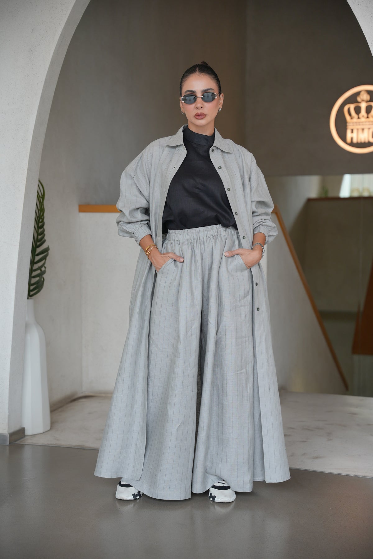 GREY STRIPED LINEN ABAYA( FULL SET)-2002