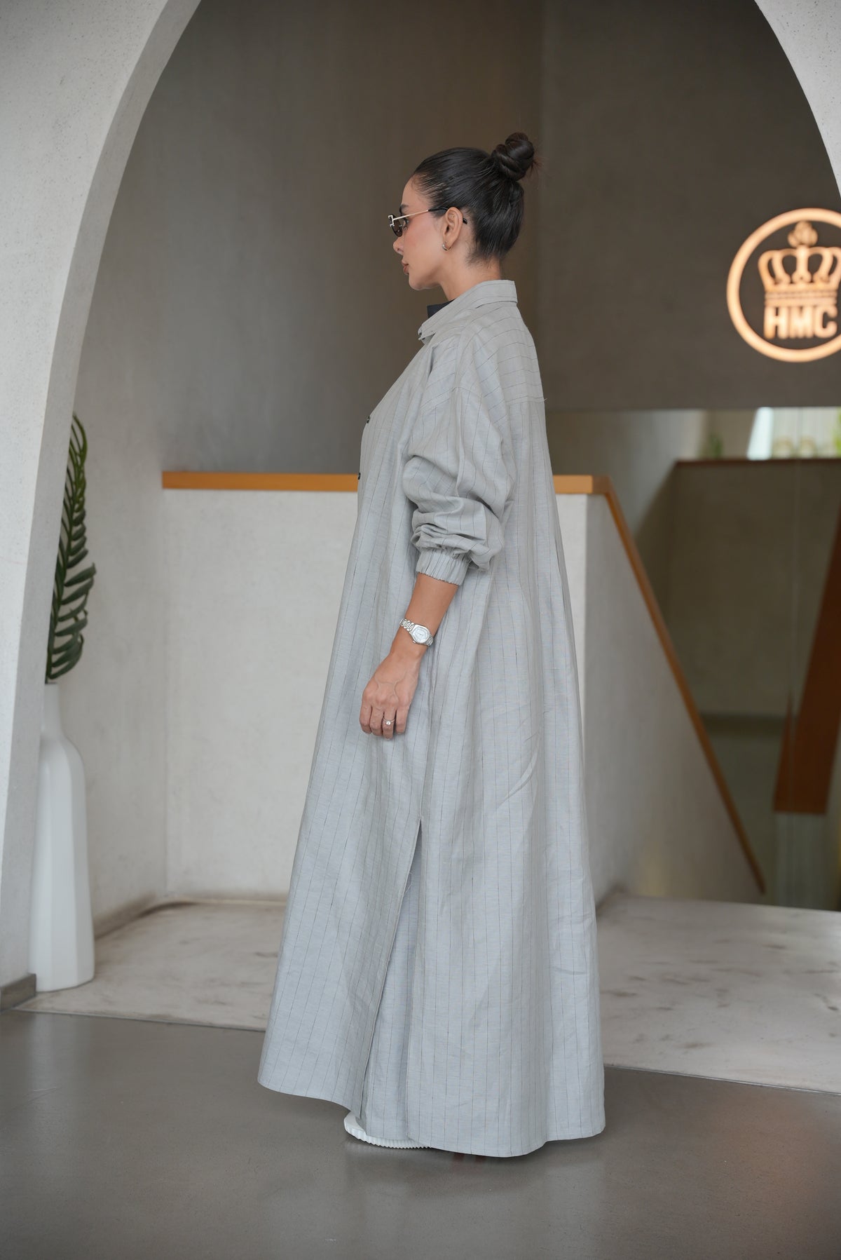 GREY STRIPED LINEN ABAYA( FULL SET)-2002