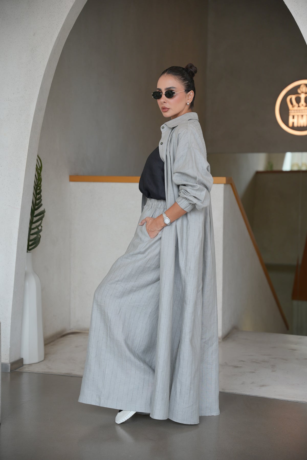 GREY STRIPED LINEN ABAYA( FULL SET)-2002