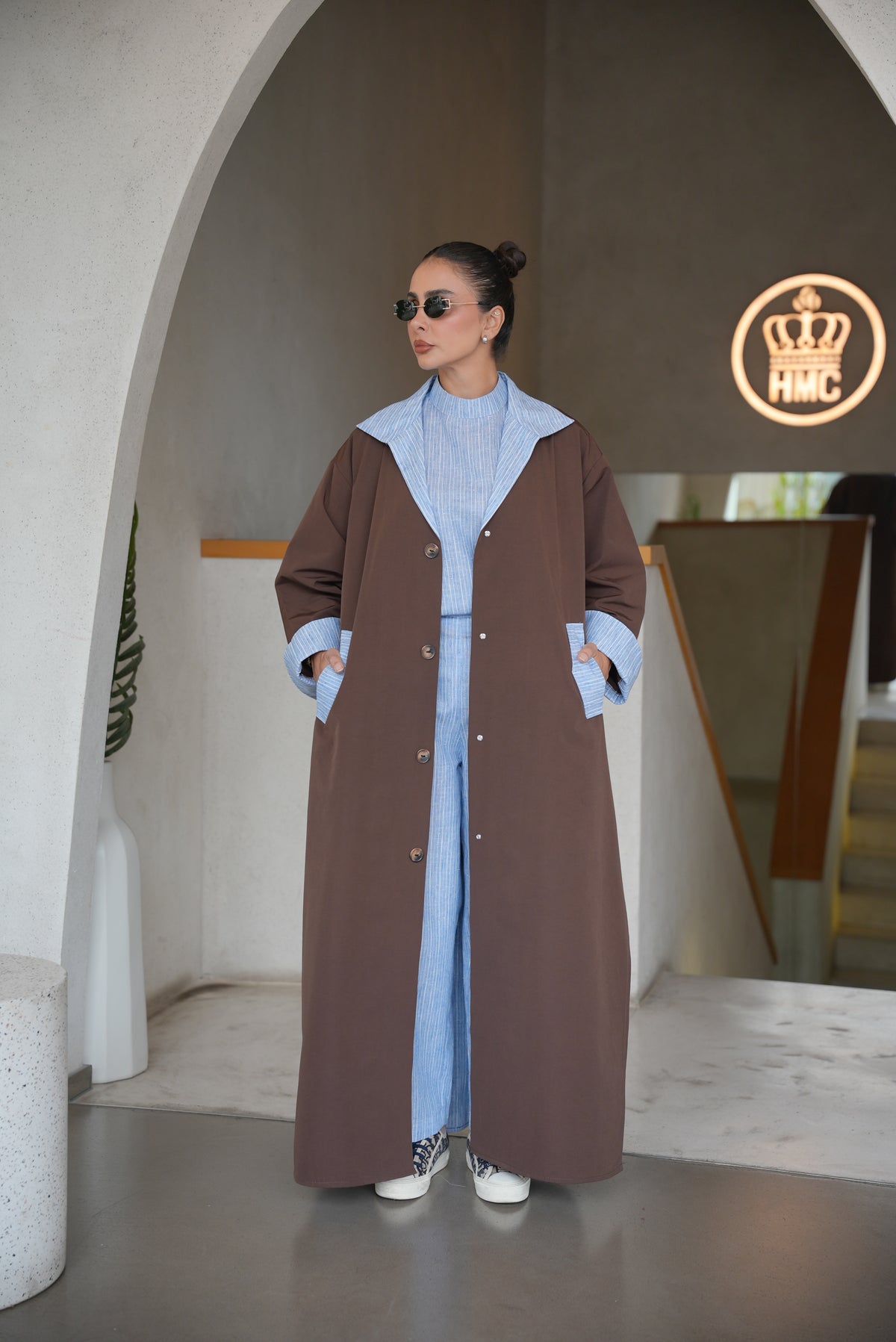 BROWN TRENCH COAT ABAYA WITH STRIPED TRIM SET(full set)-2007