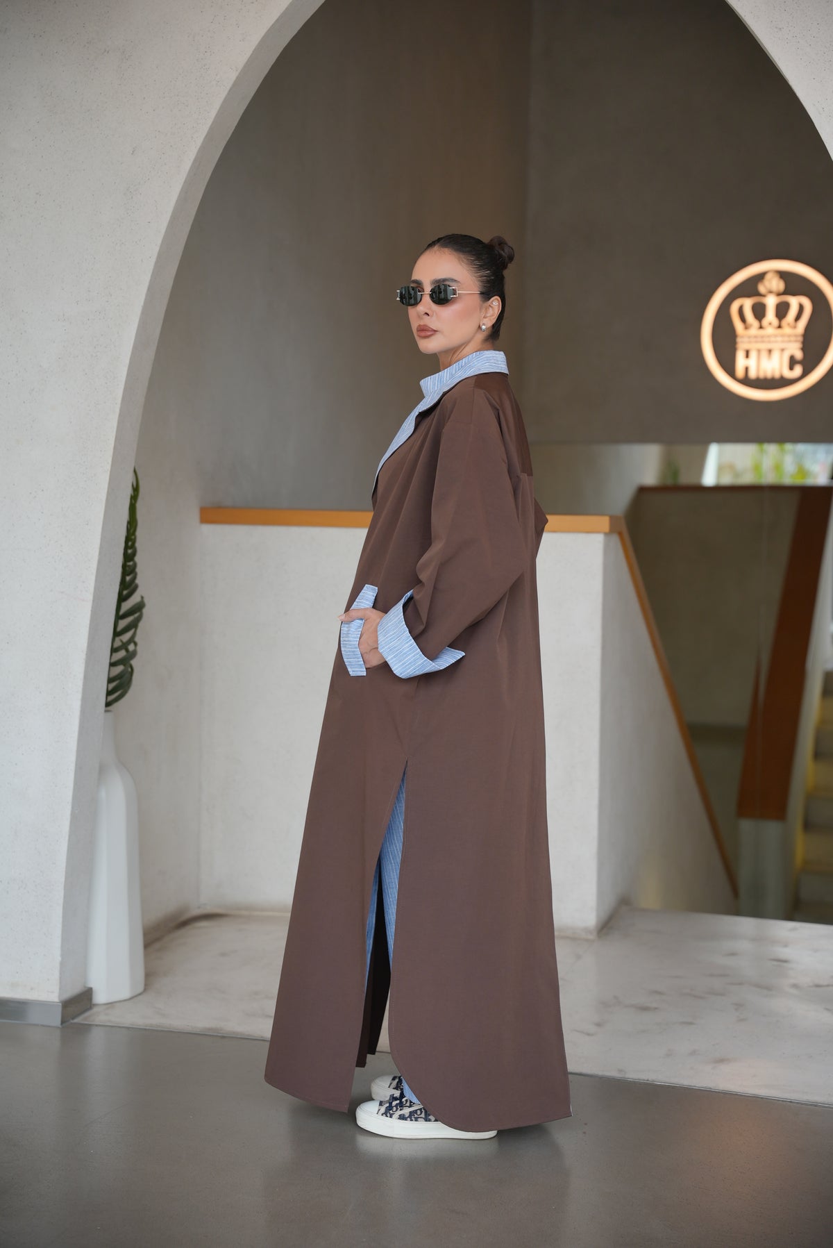 BROWN TRENCH COAT ABAYA WITH STRIPED TRIM SET(full set)-2007