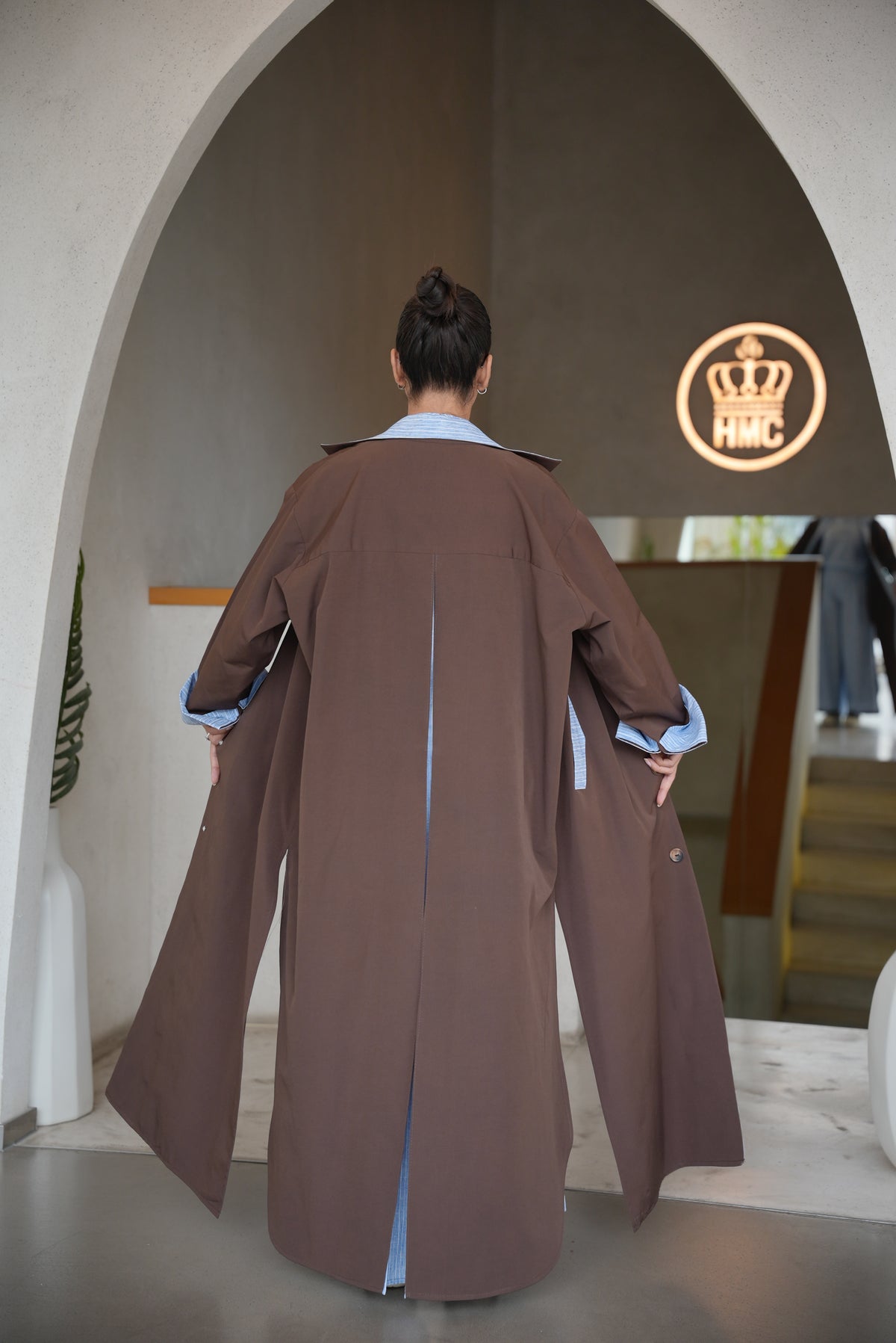 BROWN TRENCH COAT ABAYA WITH STRIPED TRIM SET(full set)-2007