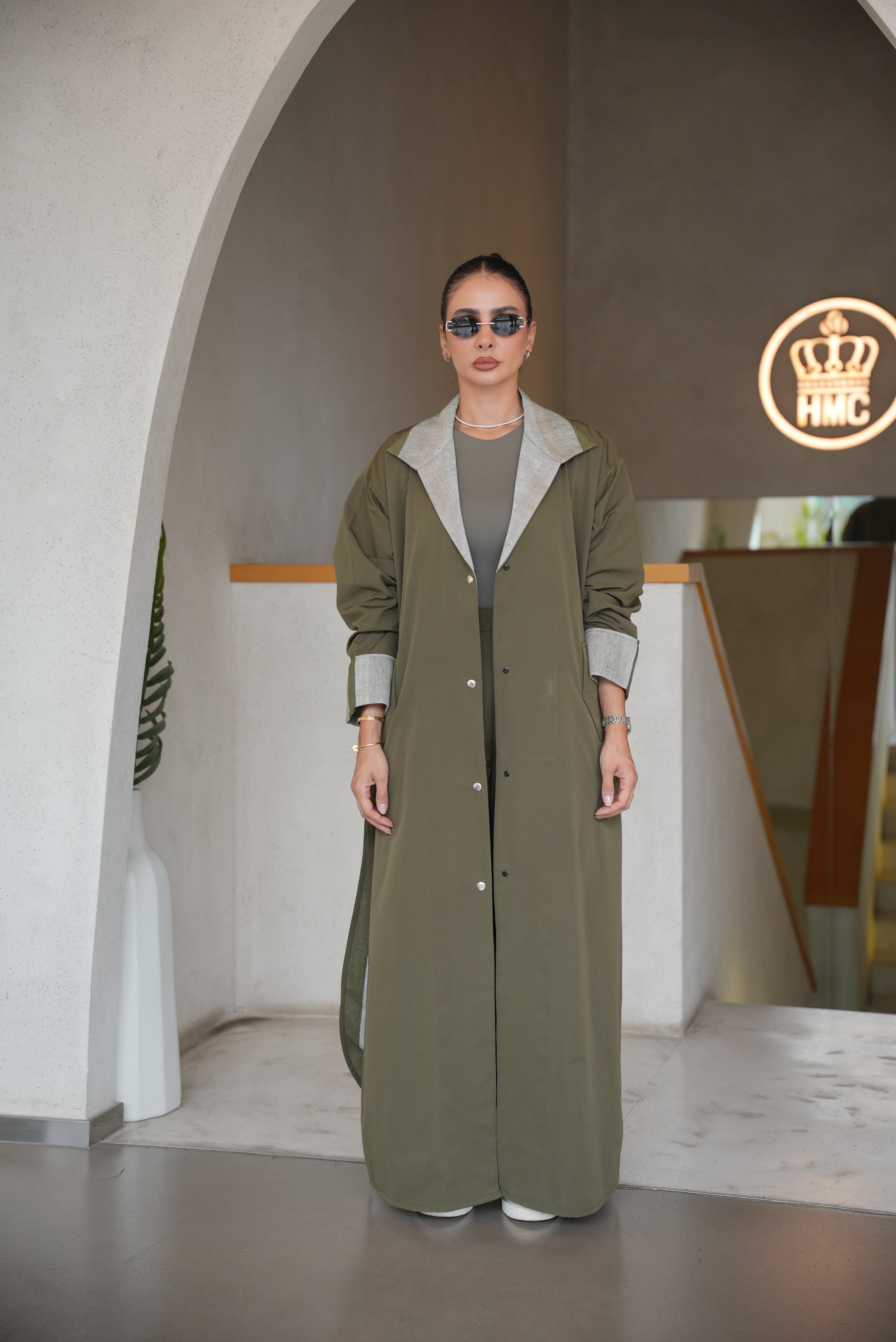 OLIVE GREEN TRENCH COAT ABAYA AND PANTS SET-2008