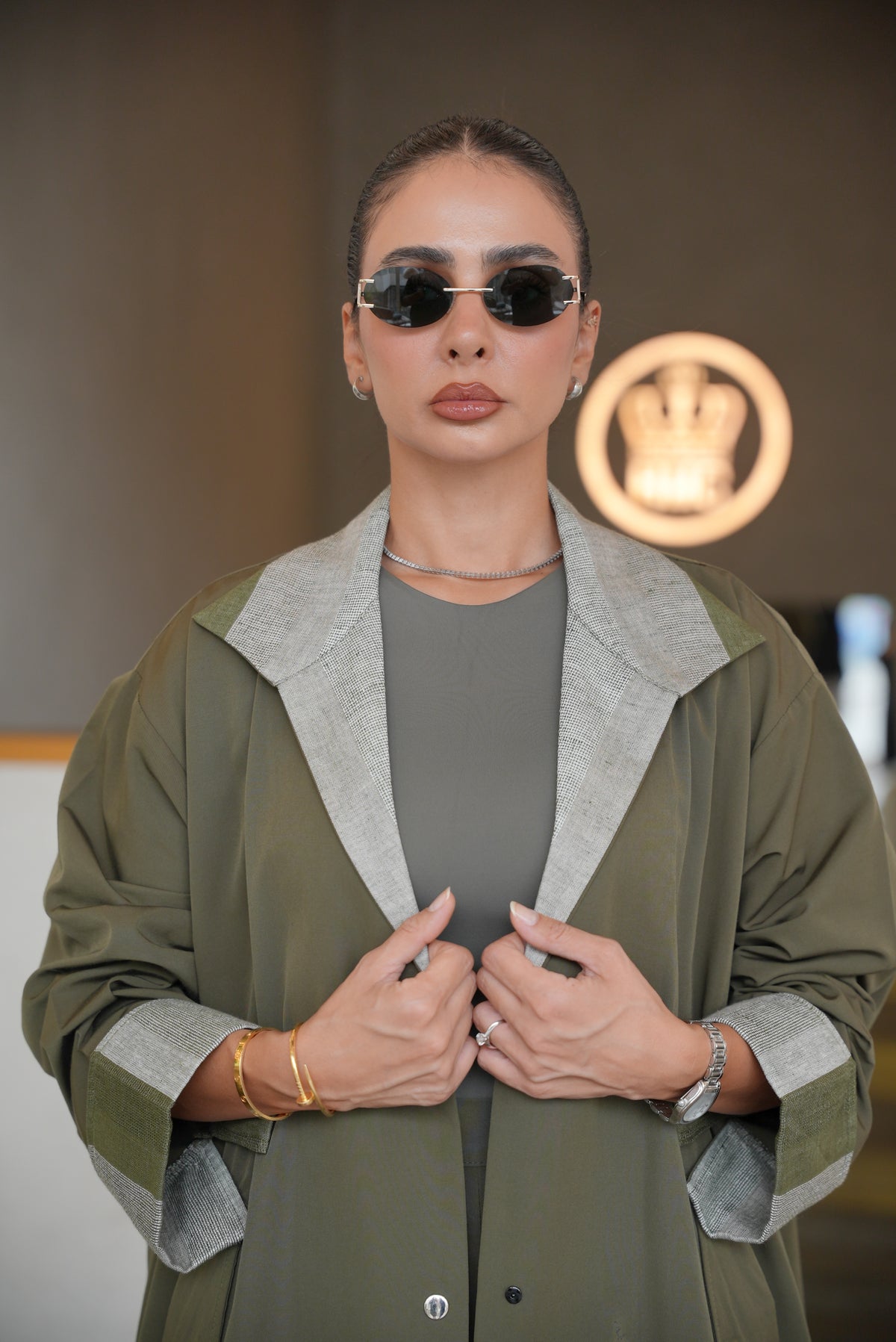 OLIVE GREEN TRENCH COAT ABAYA AND PANTS SET-2008