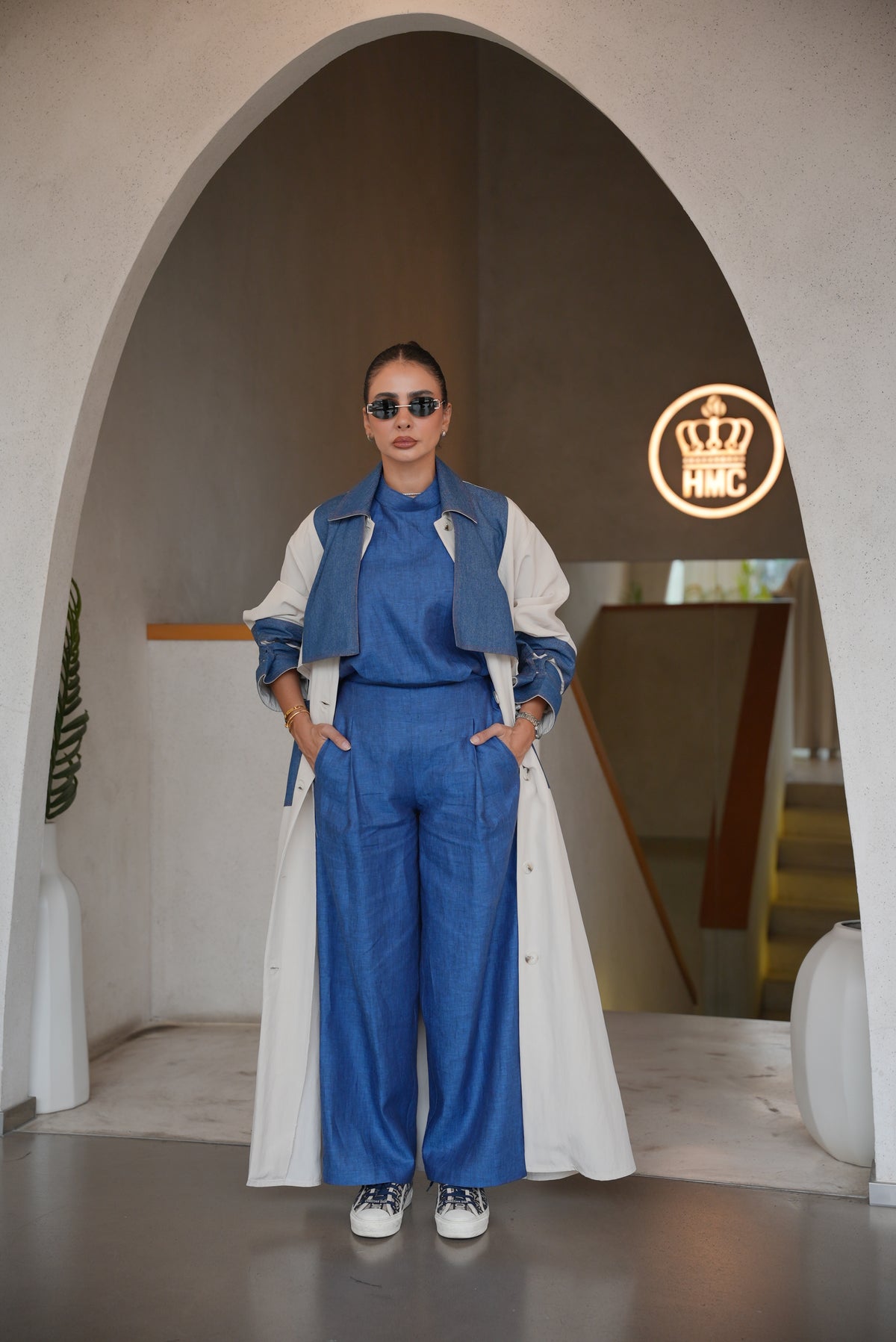 OFF-WHITE TRENCH COAT ABAYA WITH DENIM TRIM -2001