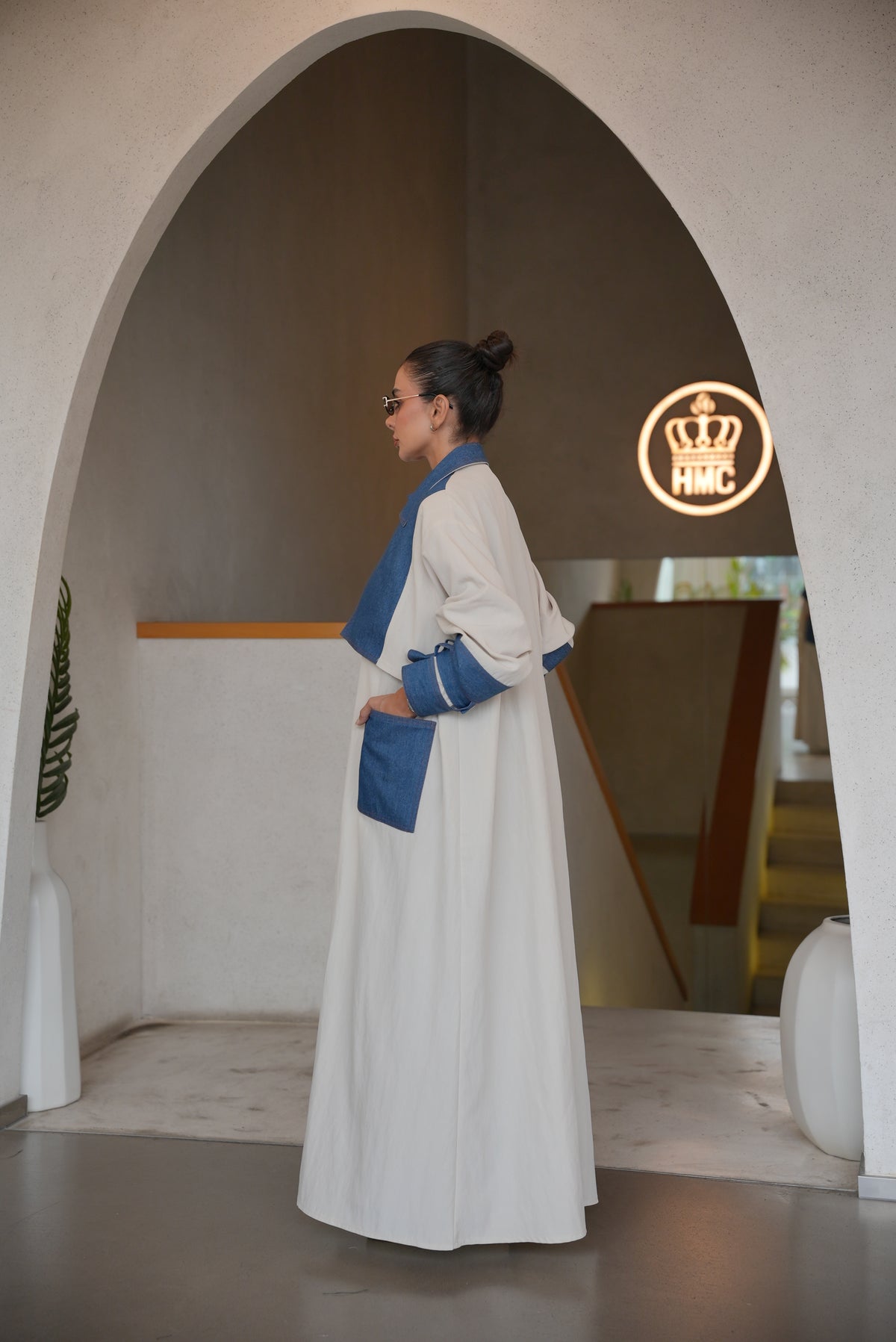 OFF-WHITE TRENCH COAT ABAYA WITH DENIM TRIM -2001