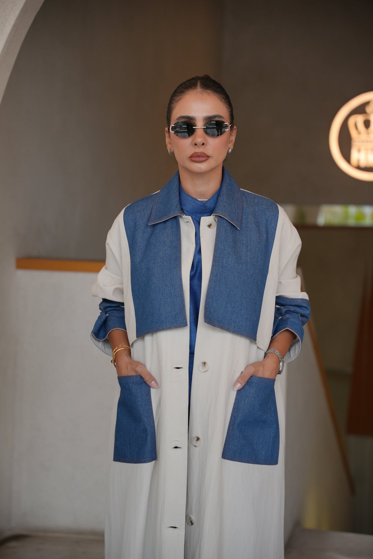OFF-WHITE TRENCH COAT ABAYA WITH DENIM TRIM -2001