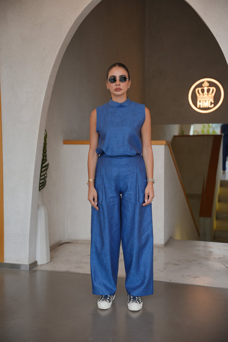 Blue Linen Blouse & Pants Set-2011