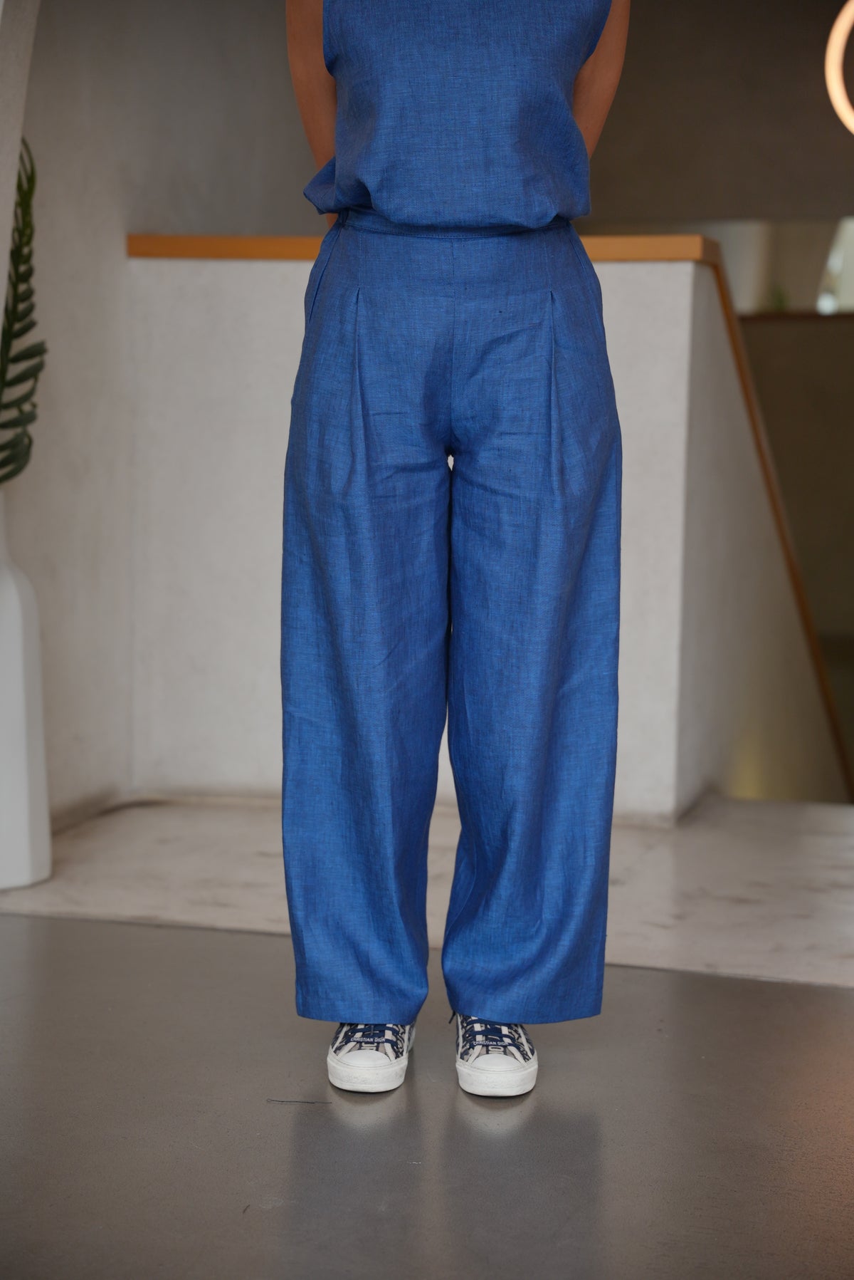 Blue Linen Blouse & Pants Set-2011