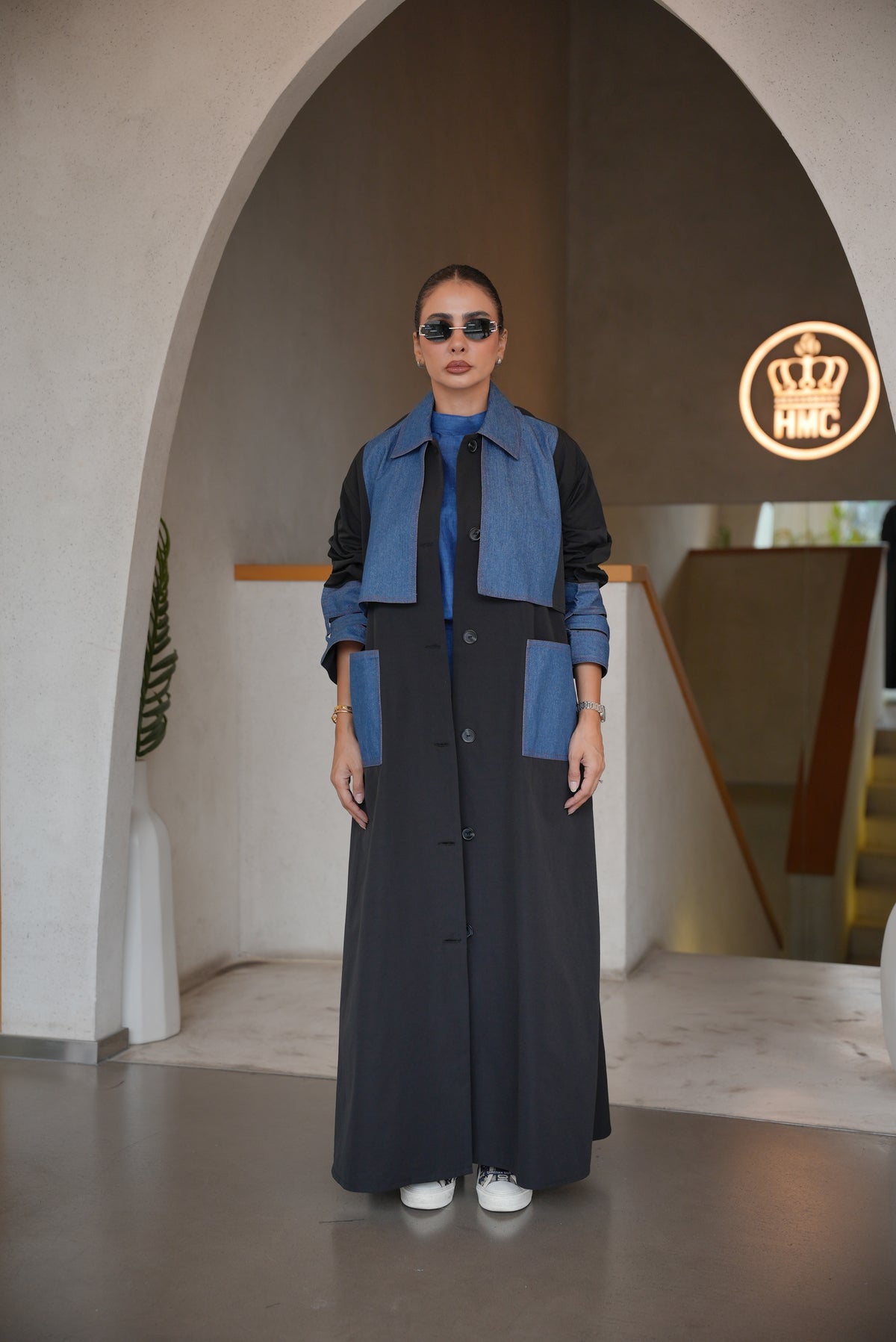 BLACK TRENCH COAT ABAYA WITH DENIM TRIM -2004