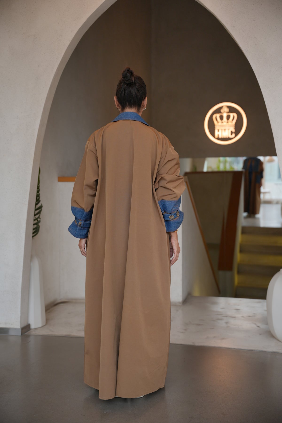 BEIGE TRENCH COAT ABAYA WITH DENIM TRIM-2005
