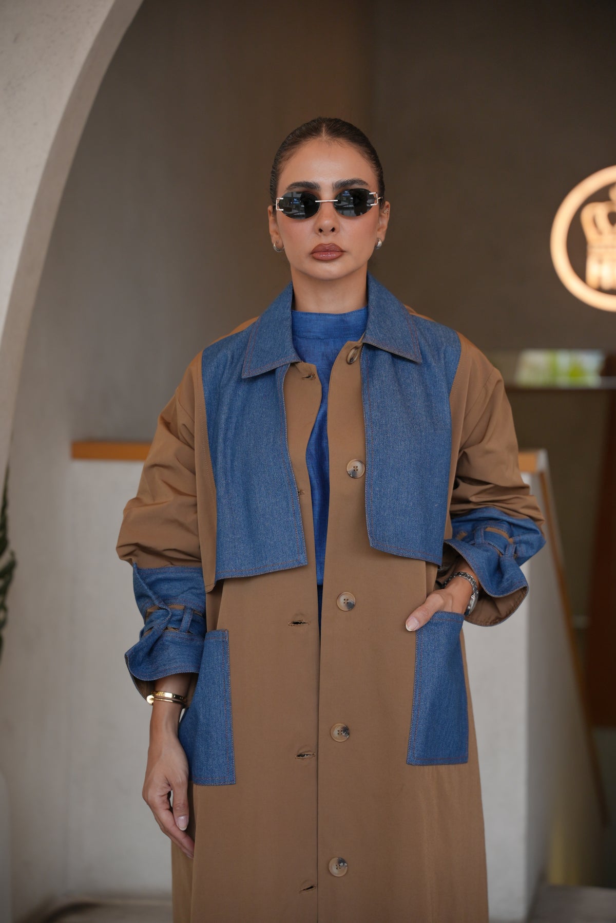 BEIGE TRENCH COAT ABAYA WITH DENIM TRIM-2005