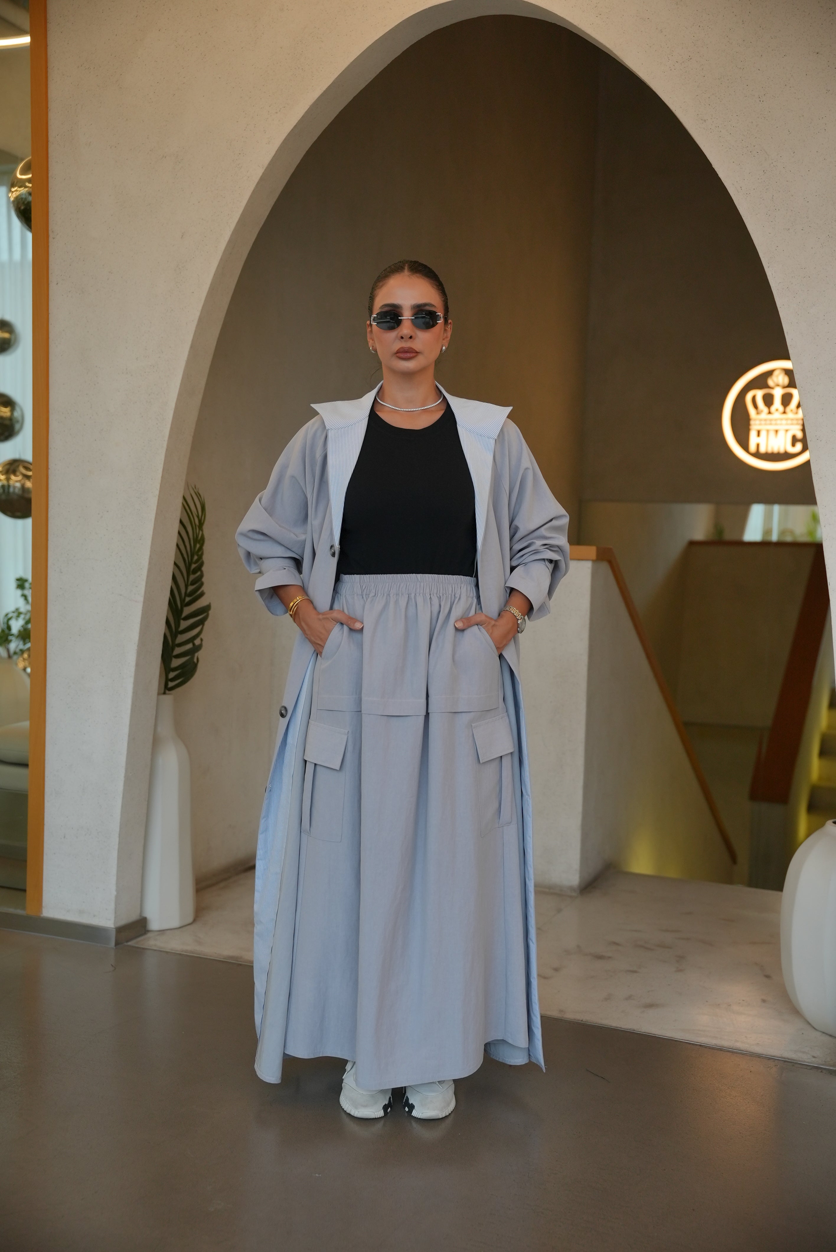 LIGHT BLUE TRENCH COAT ABAYA AND SKIRT SET-2006