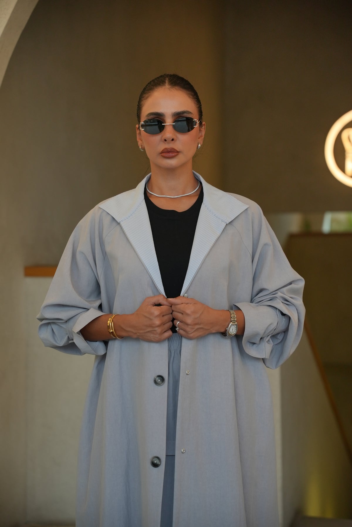 LIGHT BLUE TRENCH COAT ABAYA AND SKIRT SET-2006