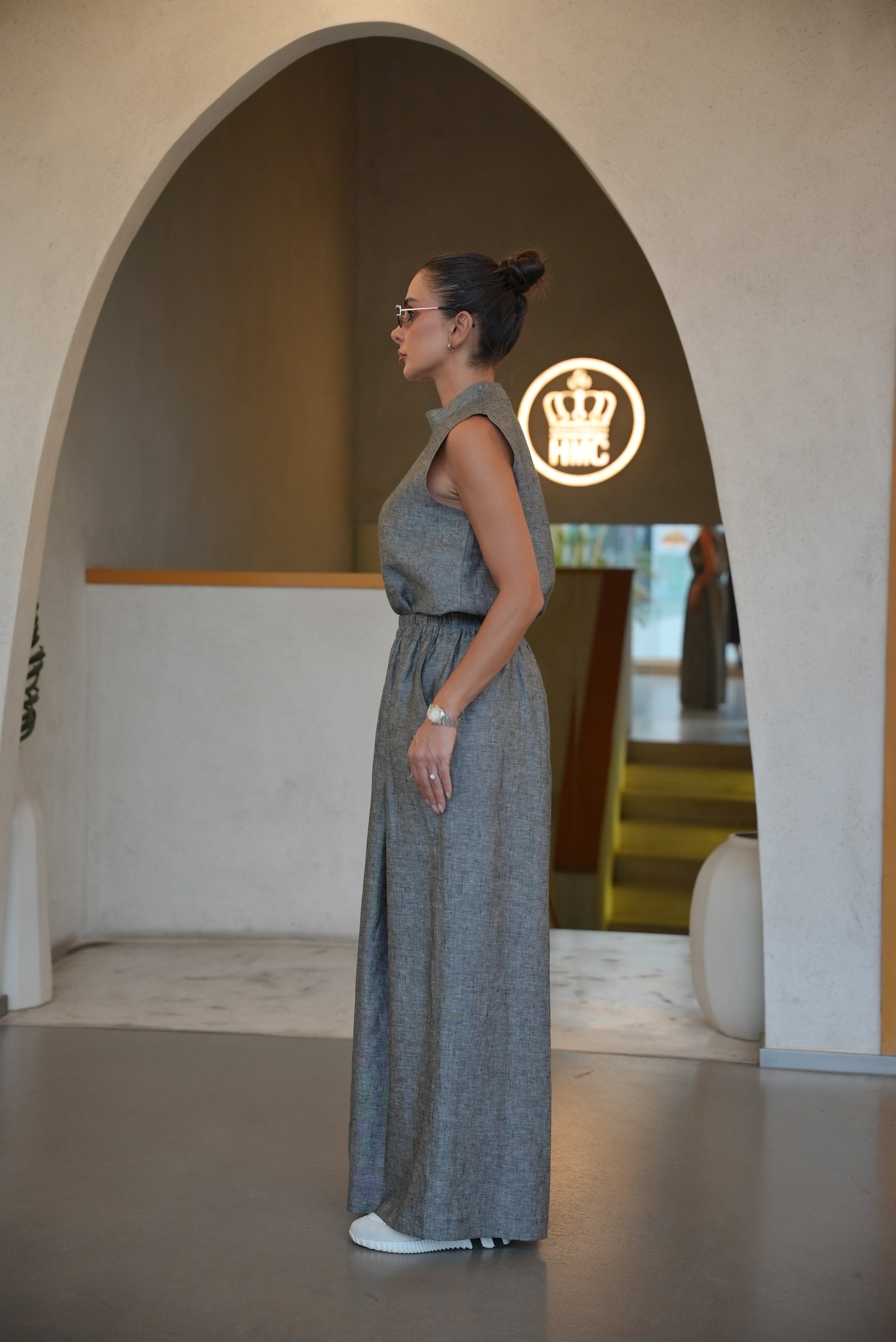 GREY LINEN BLOUSE AND PANTS INNER SET-2009