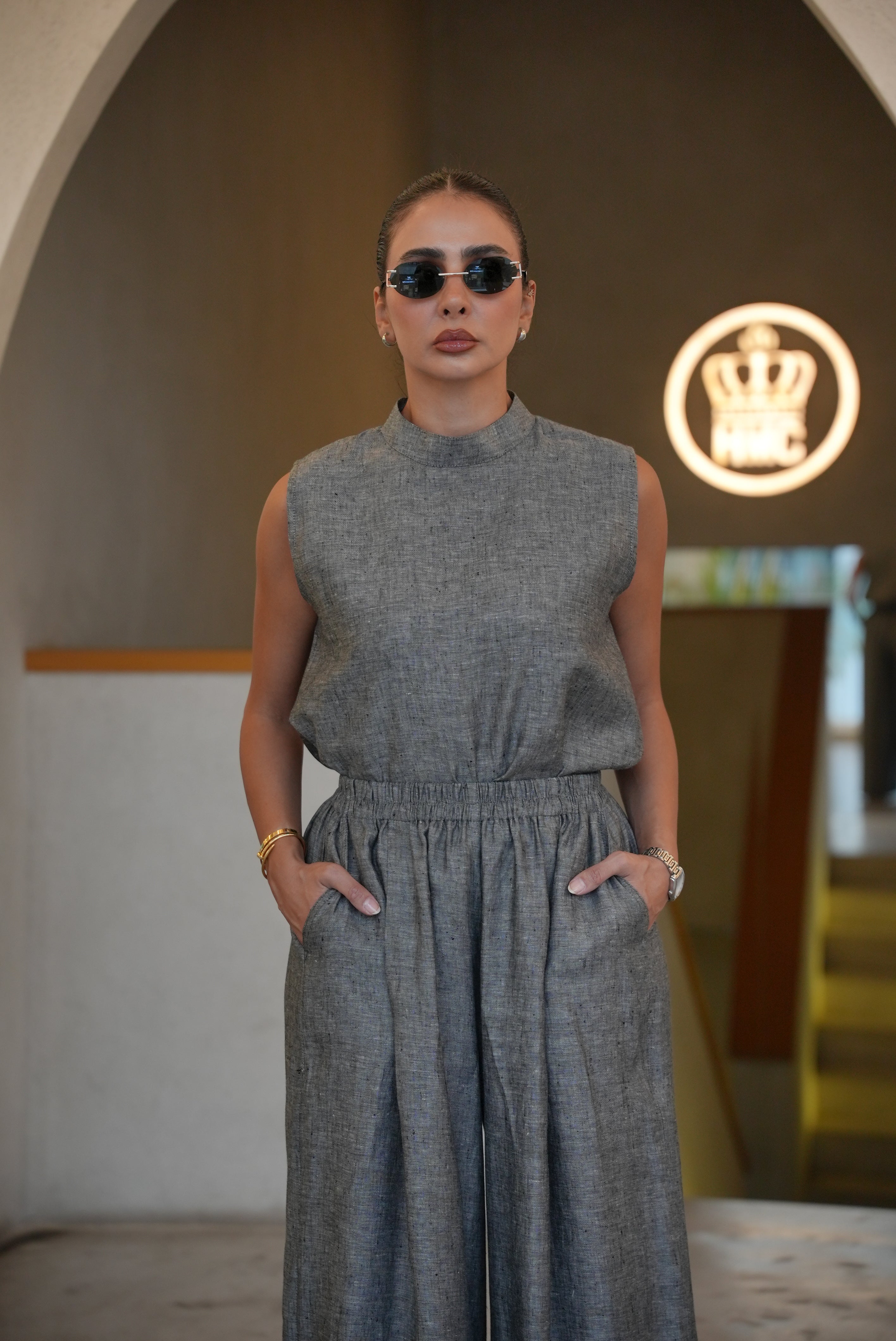 GREY LINEN BLOUSE AND PANTS INNER SET-2009
