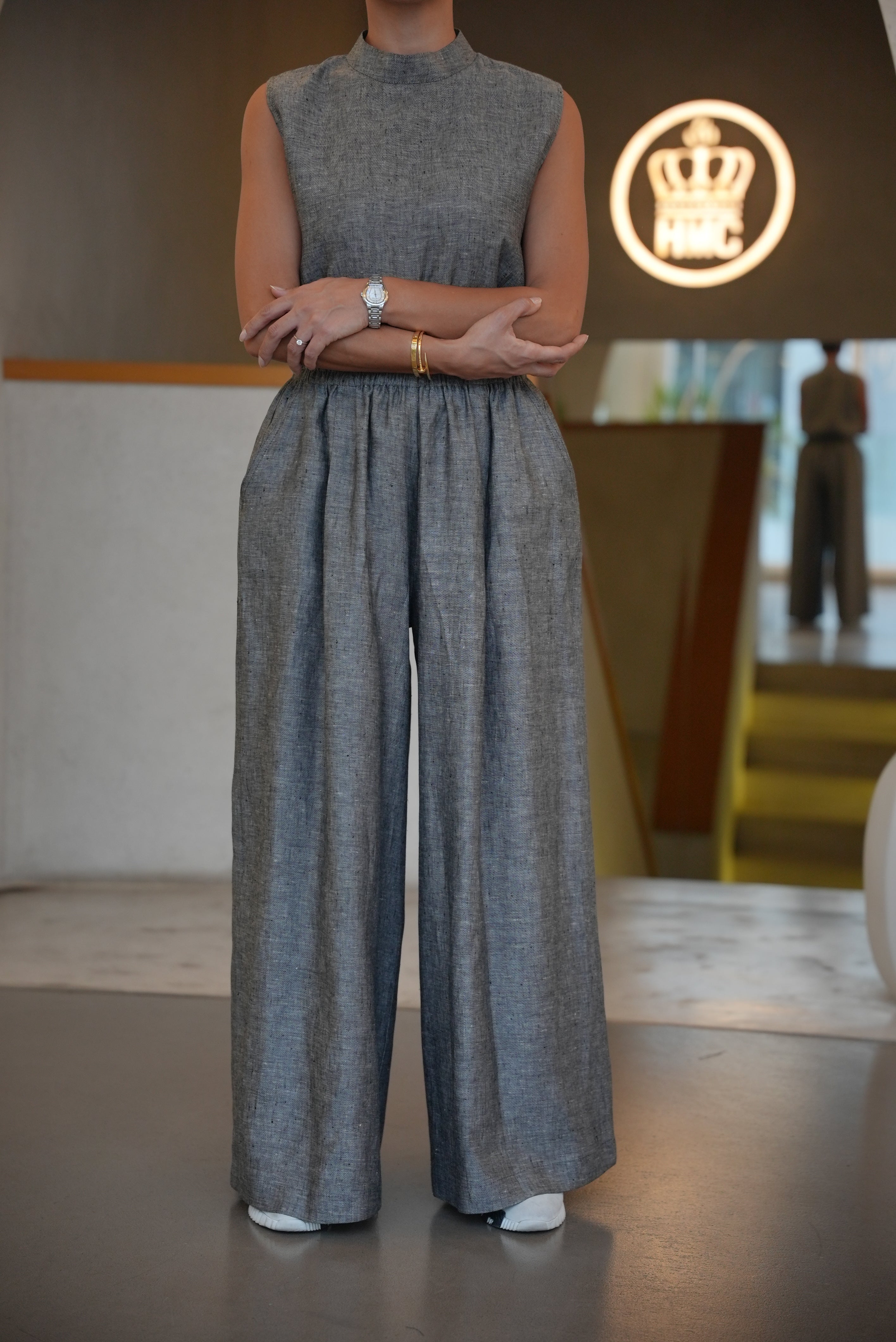 GREY LINEN BLOUSE AND PANTS INNER SET-2009