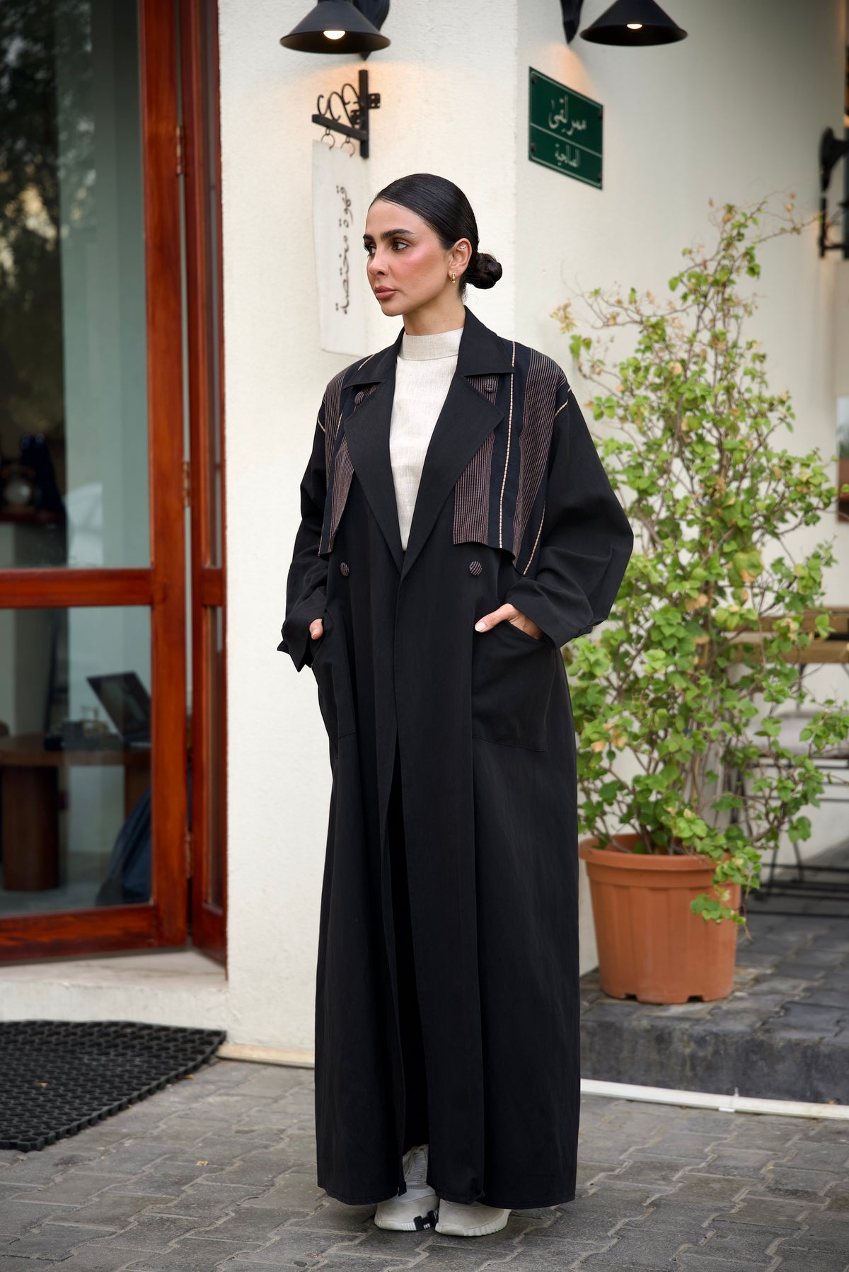 Black Trench Coat Abaya Set (Full set)-2024