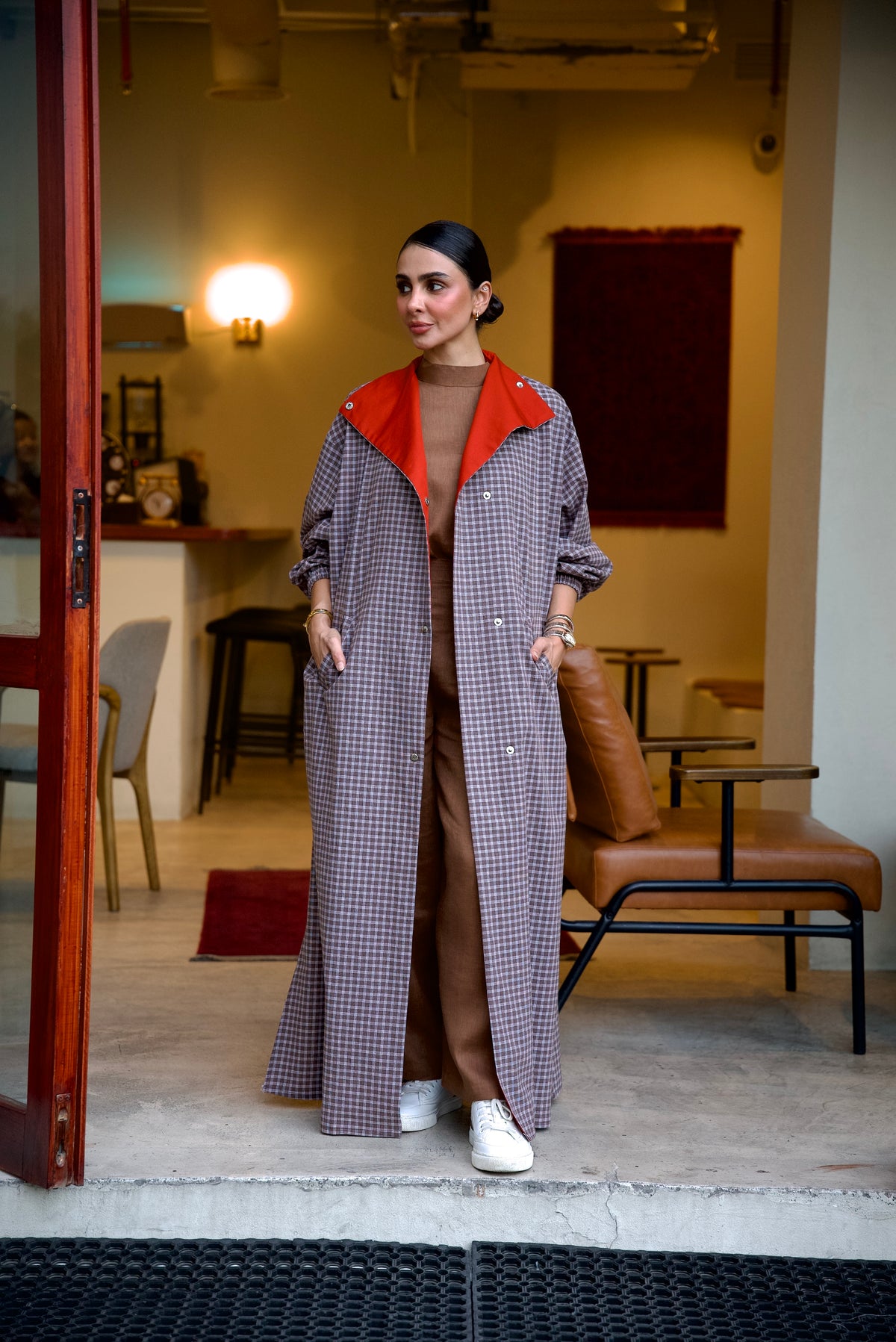 Brown Checkered Linen Abaya (Full set)– 2020