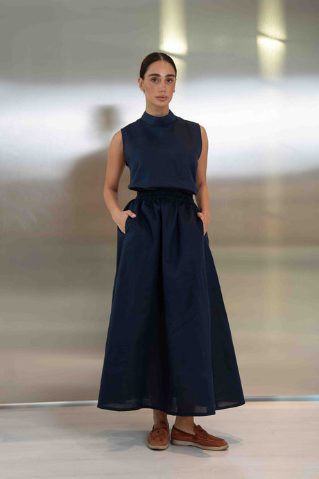 Navy Linen Blouse & Skirt Set – 2063