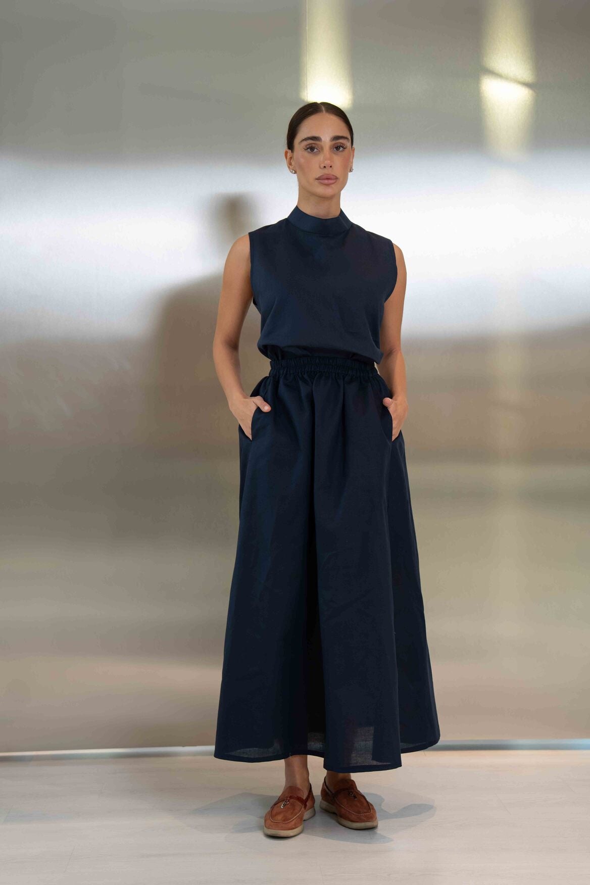 Navy Linen Blouse & Skirt Set – 2063