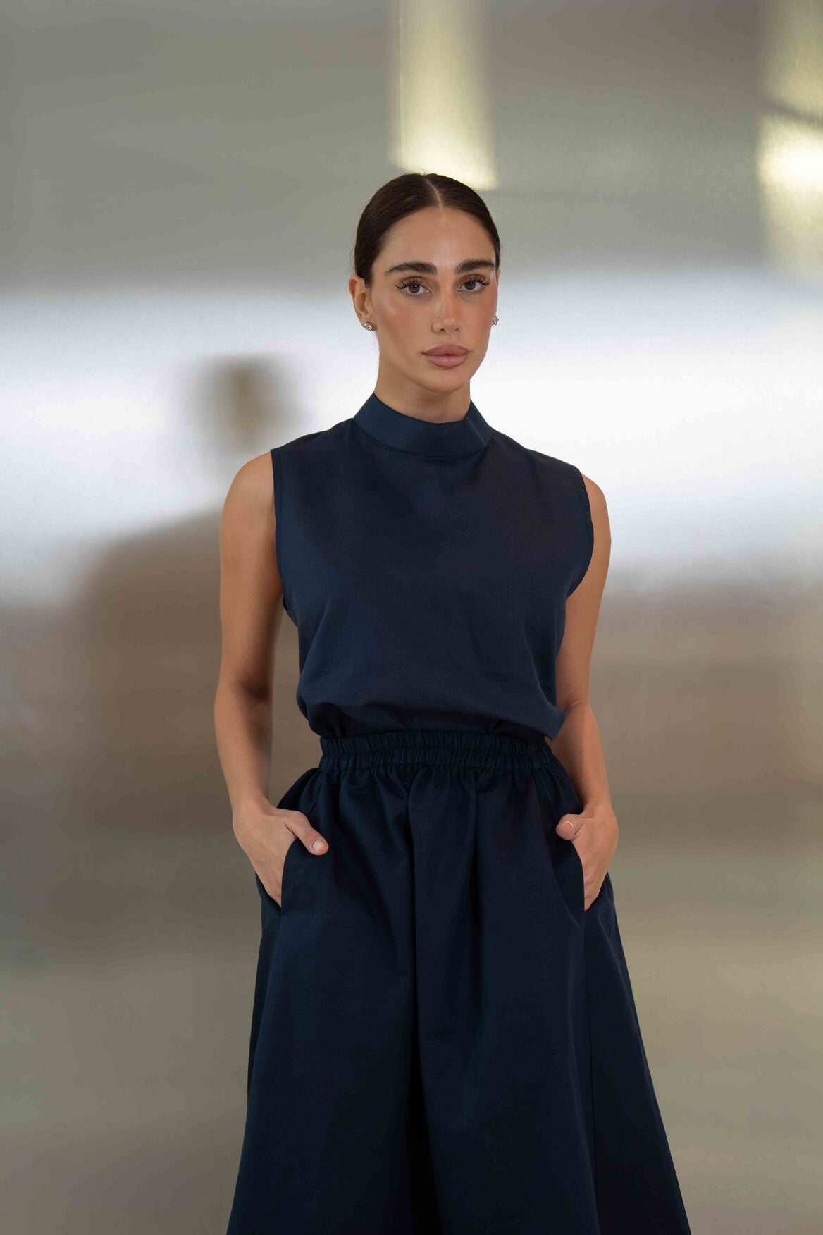 Navy Linen Blouse & Skirt Set – 2063