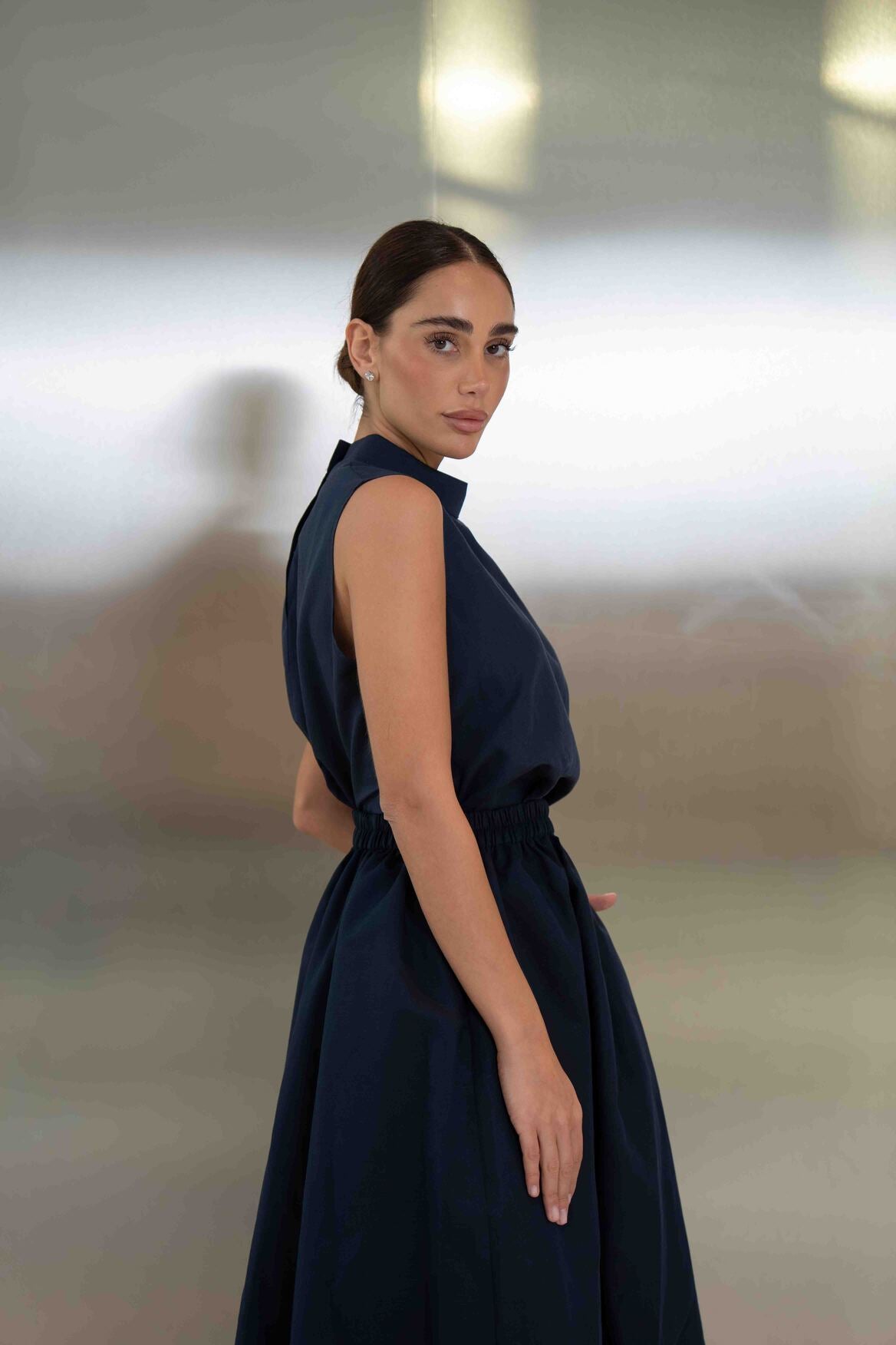 Navy Linen Blouse & Skirt Set – 2063