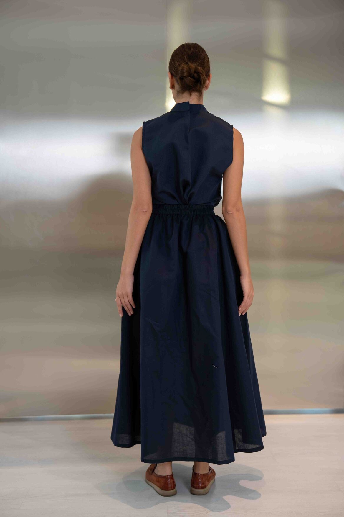 Navy Linen Blouse & Skirt Set – 2063