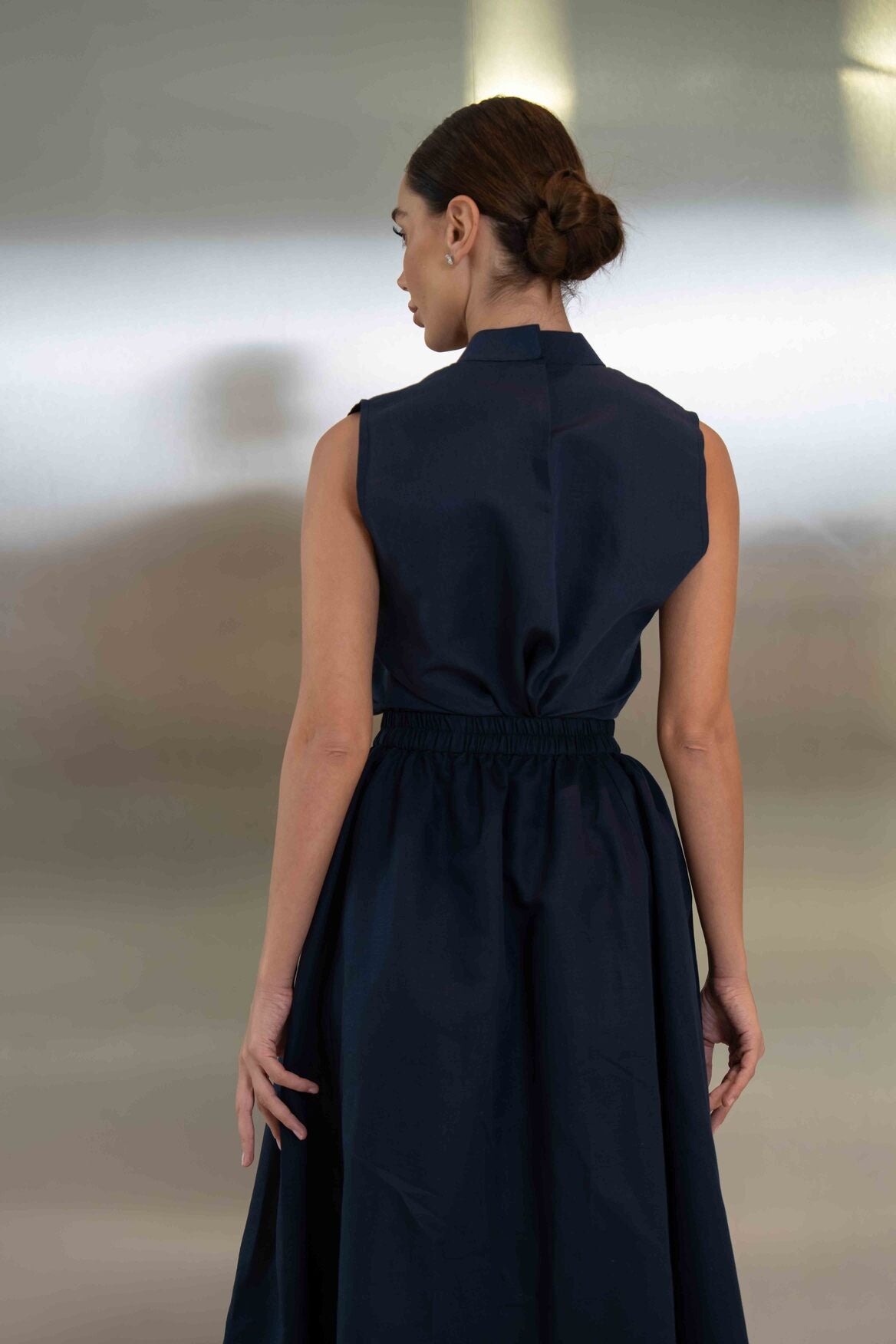 Navy Linen Blouse & Skirt Set – 2063